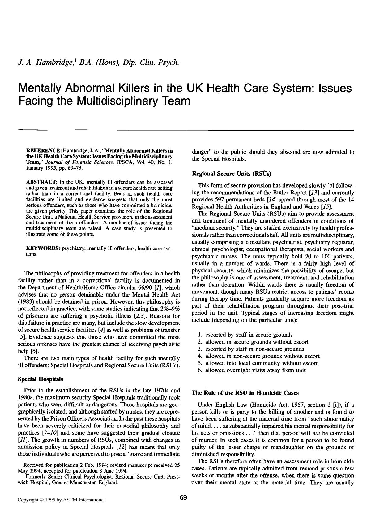 Mentally Abnormal Killers in the UK Health Care System: Issues Facing the Multidisciplinary Team by Hambridge JA