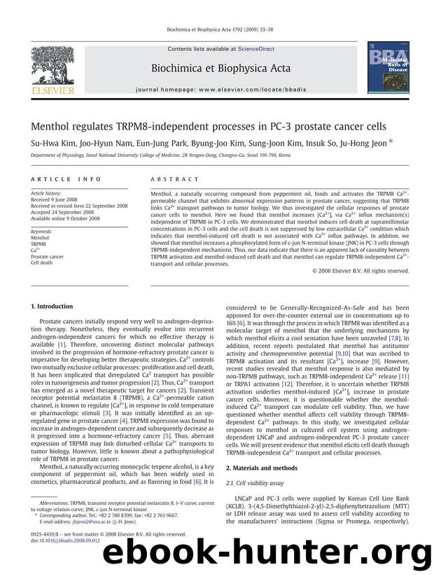 Menthol regulates TRPM8-independent processes in PC-3 prostate cancer cells by Su-Hwa Kim; Joo-Hyun Nam; Eun-Jung Park; Byung-Joo Kim; Sung-Joon Kim; Insuk So; Ju-Hong Jeon