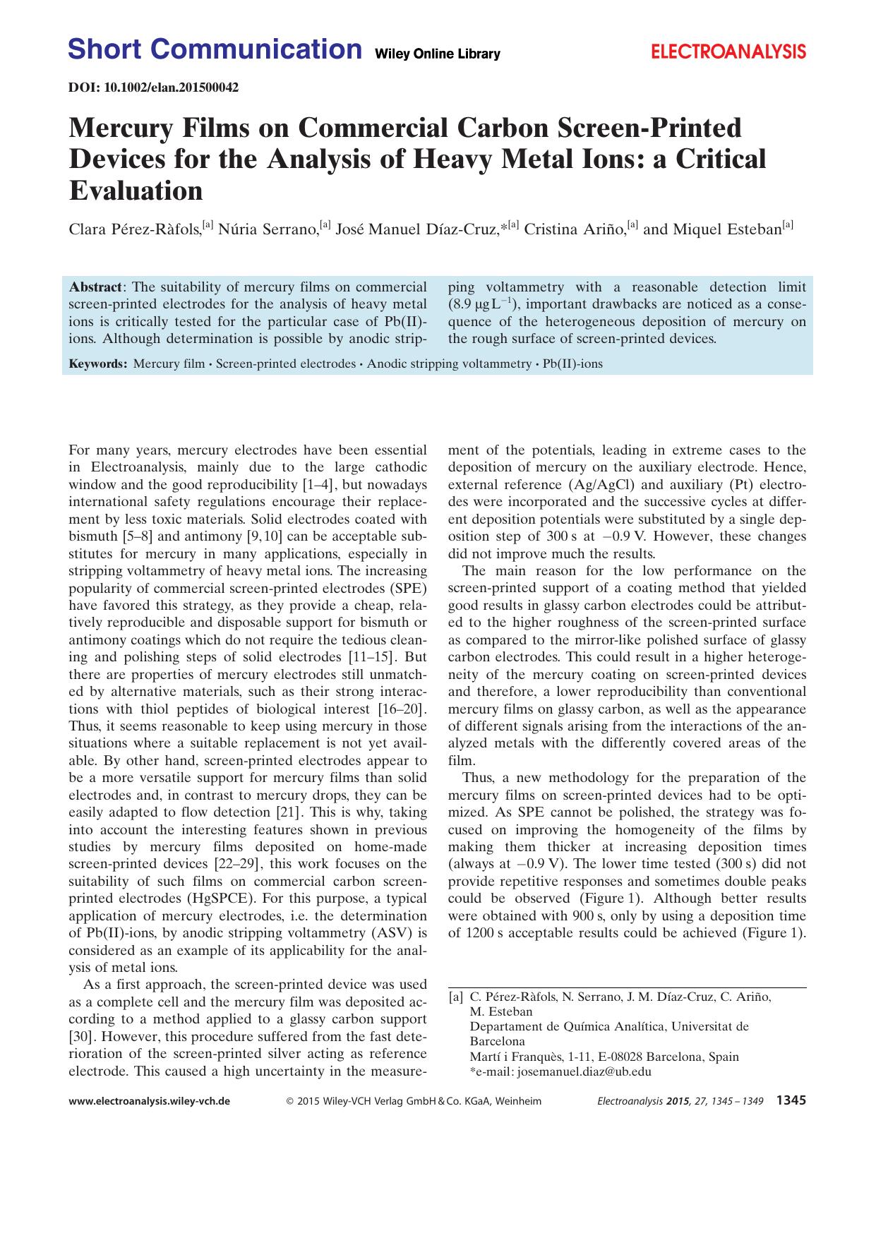 Mercury Films on Commercial Carbon ScreenPrinted Devices for the Analysis of Heavy Metal Ions: a Critical Evaluation by Unknown