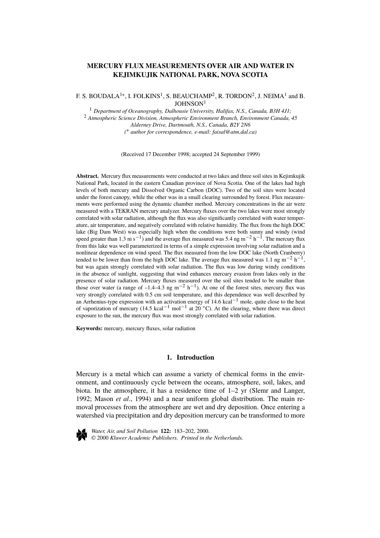Mercury Flux Measurements over Air and Water in Kejimkujik National Park, Nova Scotia by Unknown