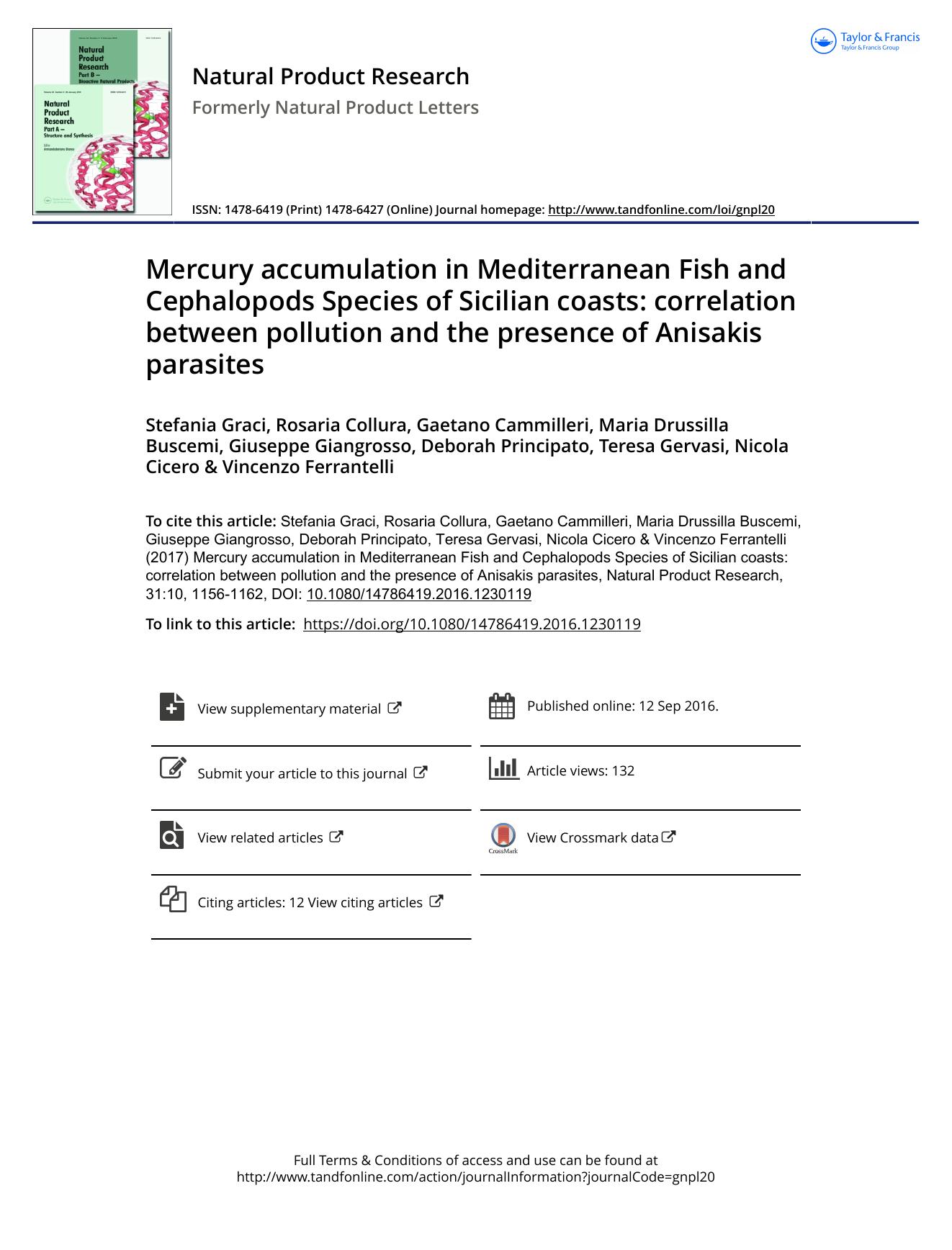 Mercury accumulation in Mediterranean Fish and Cephalopods Species of Sicilian coasts: correlation between pollution and the presence of Anisakis parasites by unknow