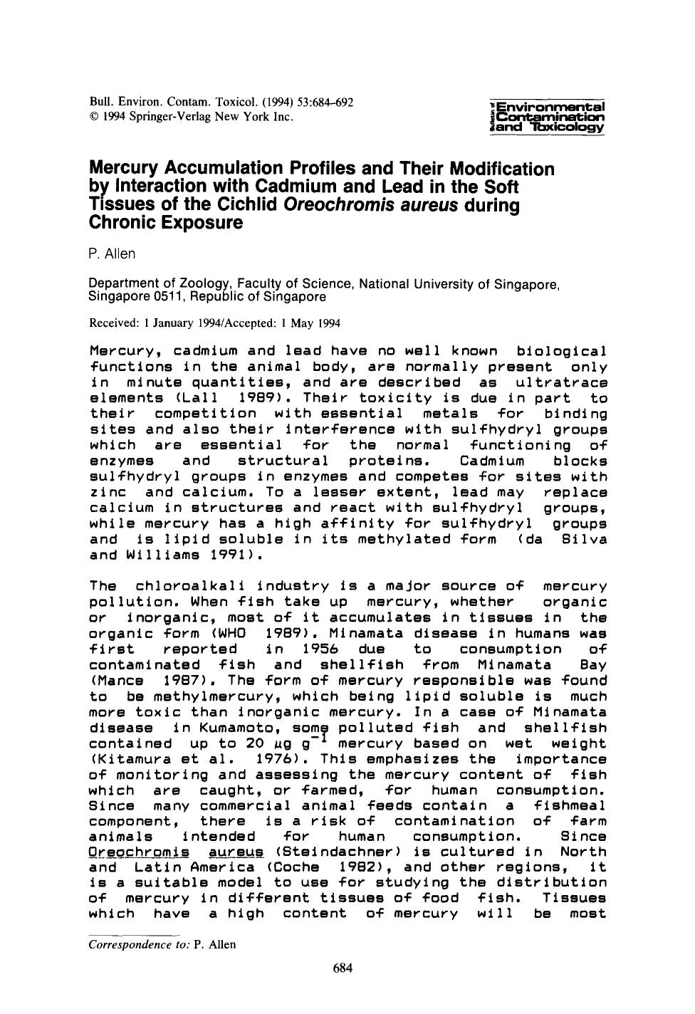 Mercury accumulation profiles and their modification by interaction with cadmium and lead in the soft tissues of the cichlid <Emphasis Type="Italic">Oreochromis aureus <Emphasis> by Unknown
