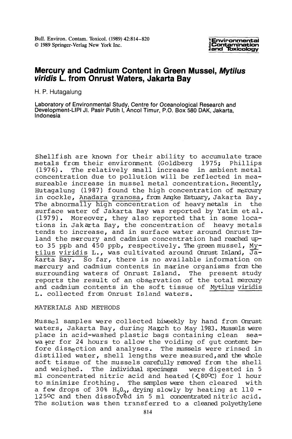 Mercury and cadmium content in green mussel, <Emphasis Type="Italic">Mytilus viridis <Emphasis> L. from onrust waters, Jakarta Bay by Unknown