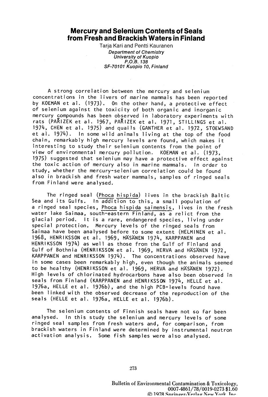 Mercury and selenium contents of seals from fresh and brackish waters in finland by Unknown