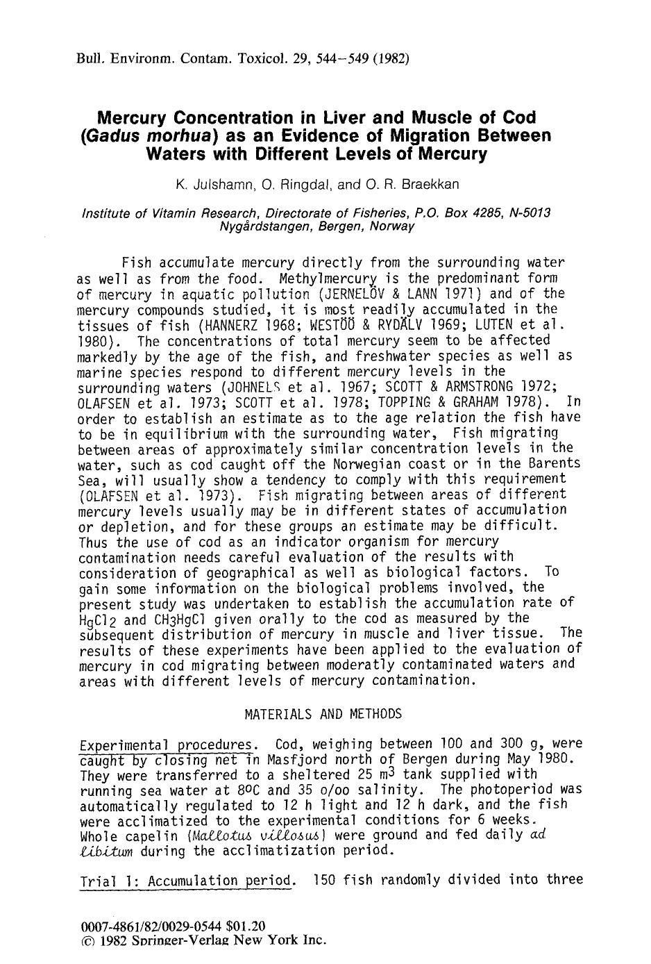 Mercury concentration in liver and muscle of cod ( <Emphasis Type="Italic">Gadus morhua <Emphasis>) as an evidence of migration between waters with different levels of mercury by Unknown