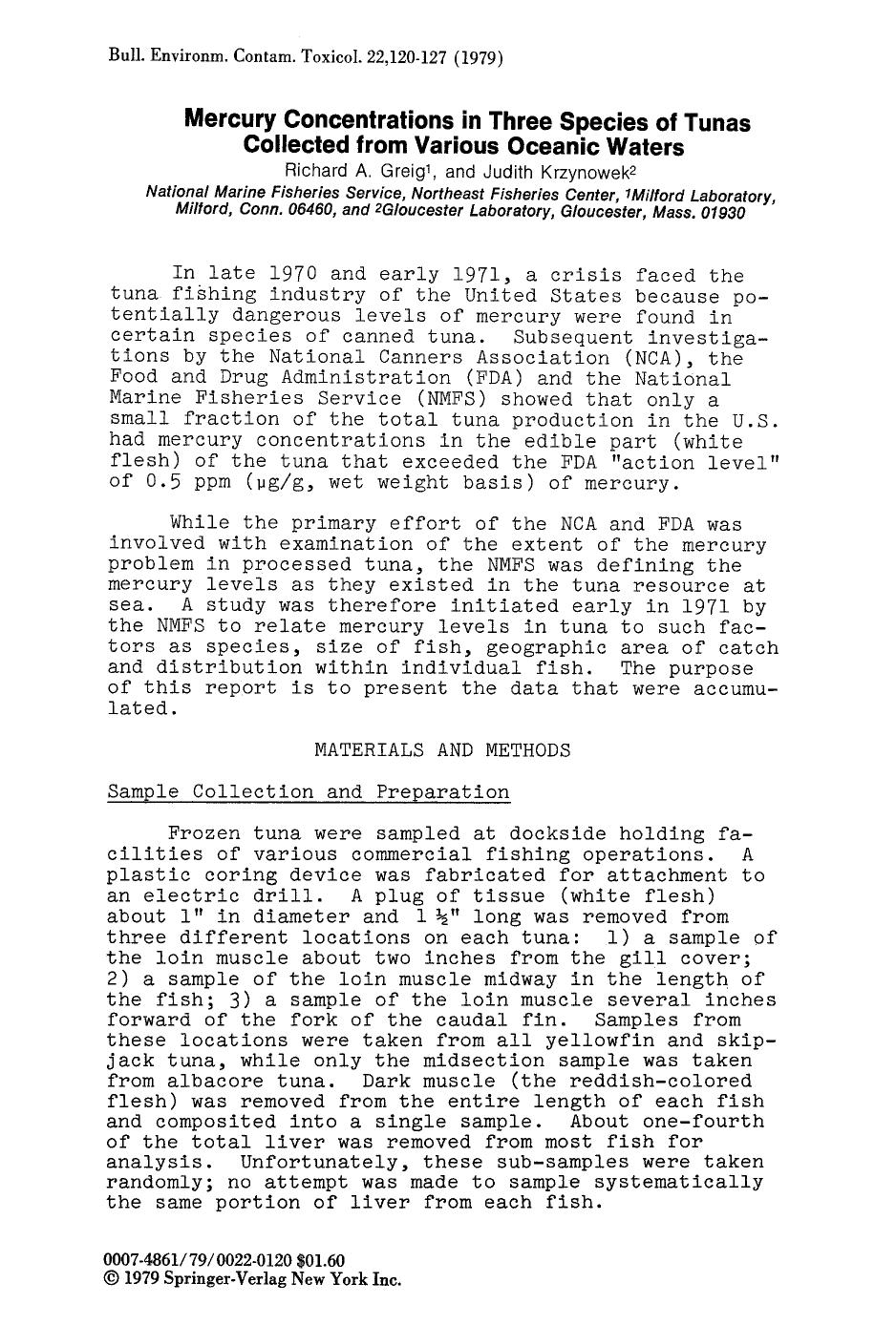Mercury concentrations in three species of tunas collected from various oceanic waters by Unknown