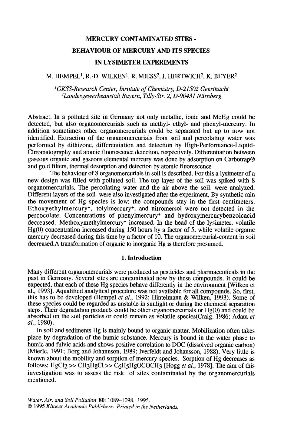 Mercury contaminated sites — Behaviour of mercury and its species in lysimeter experiments by Unknown