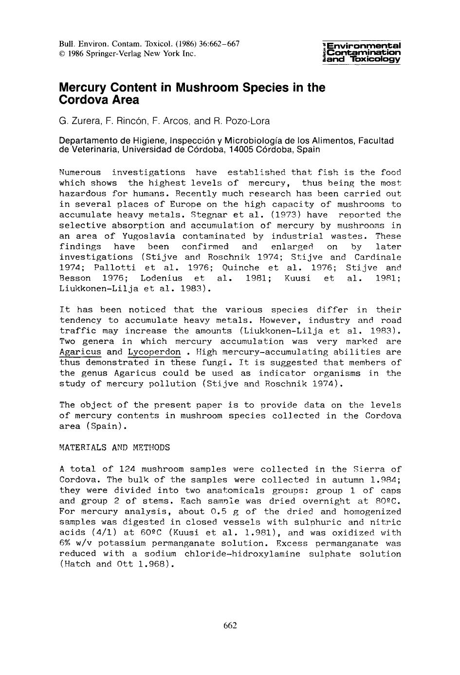Mercury content in mushroom species in the Cordova area by Unknown