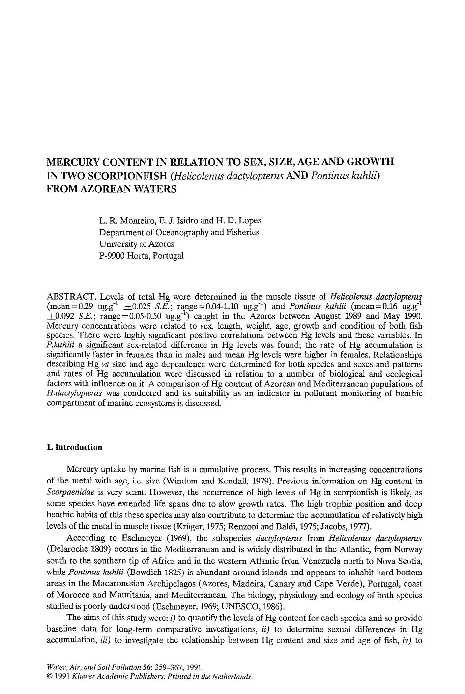 Mercury content in relation to sex, size, age and growth in two scorpionfish (<Emphasis Type="Italic">Helicolenus dactylopterus<Emphasis> and <Emphasis Type="Italic">Pontinus kuhli by Unknown