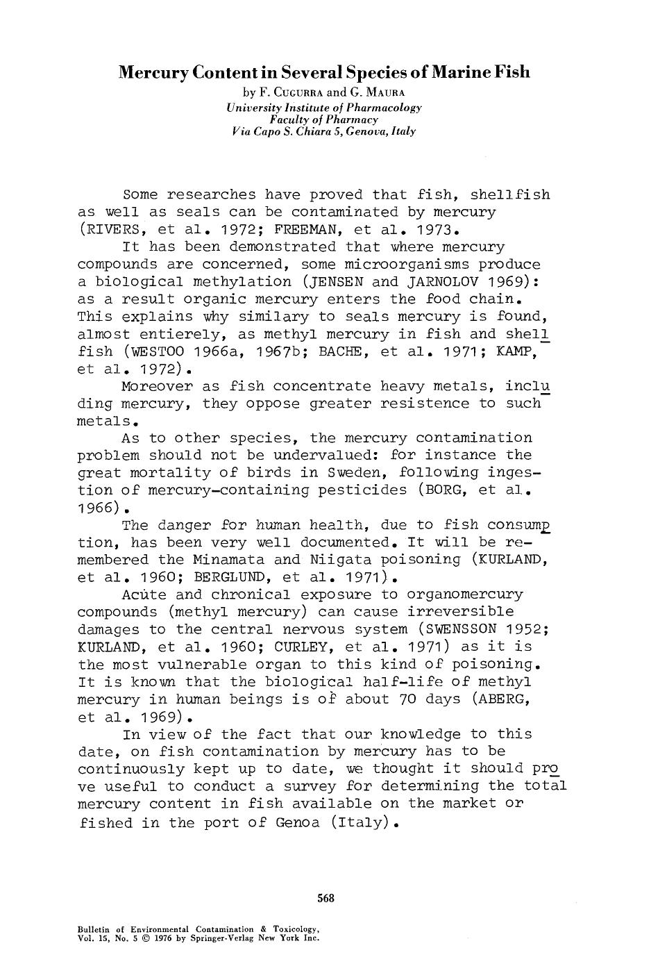 Mercury content in several species of marine fish by Unknown