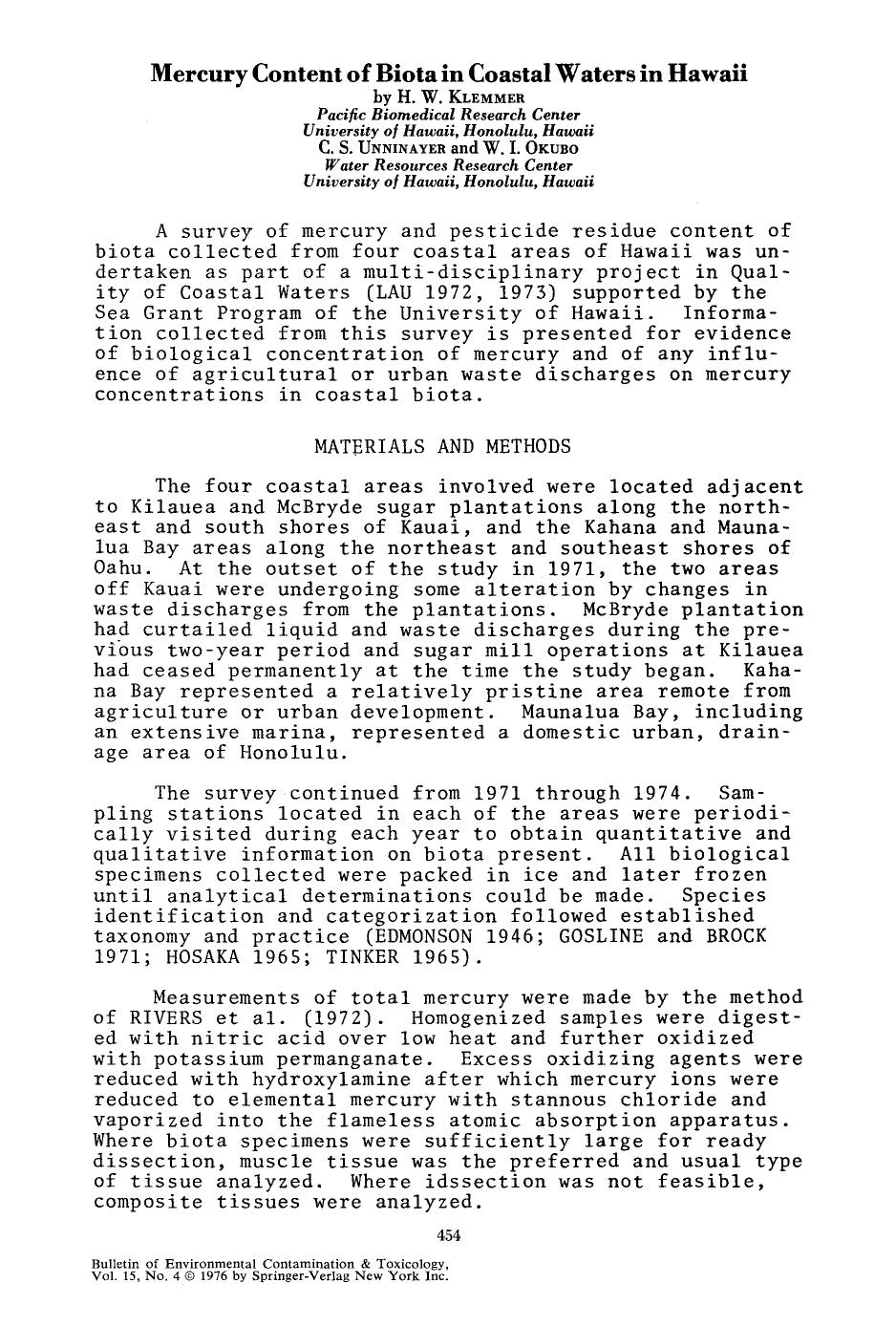 Mercury content of biota in coastal waters in Hawaii by Unknown