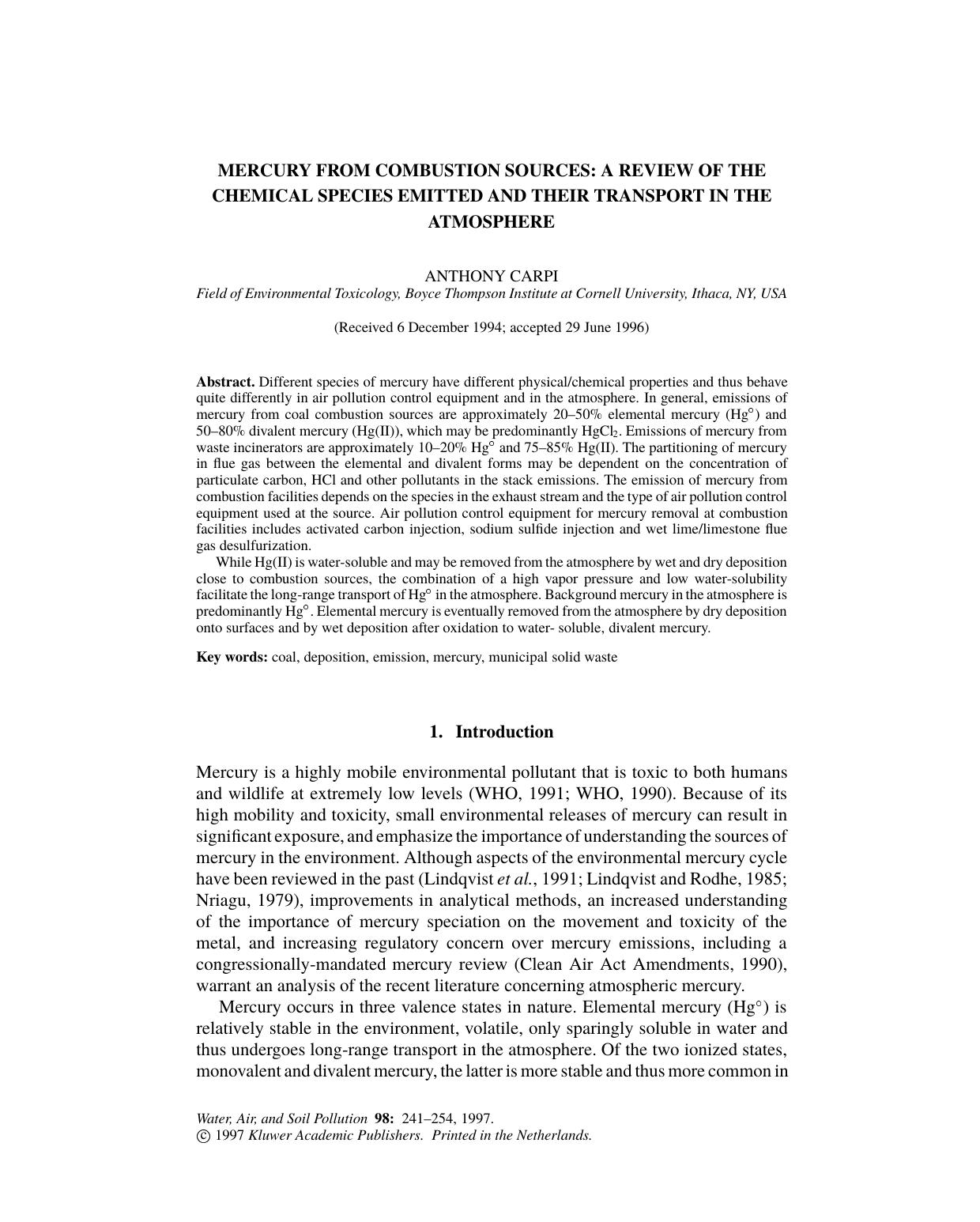 Mercury from Combustion Sources: A Review of the Chemical Species Emitted and Their Transport in the Atmosphere by Unknown