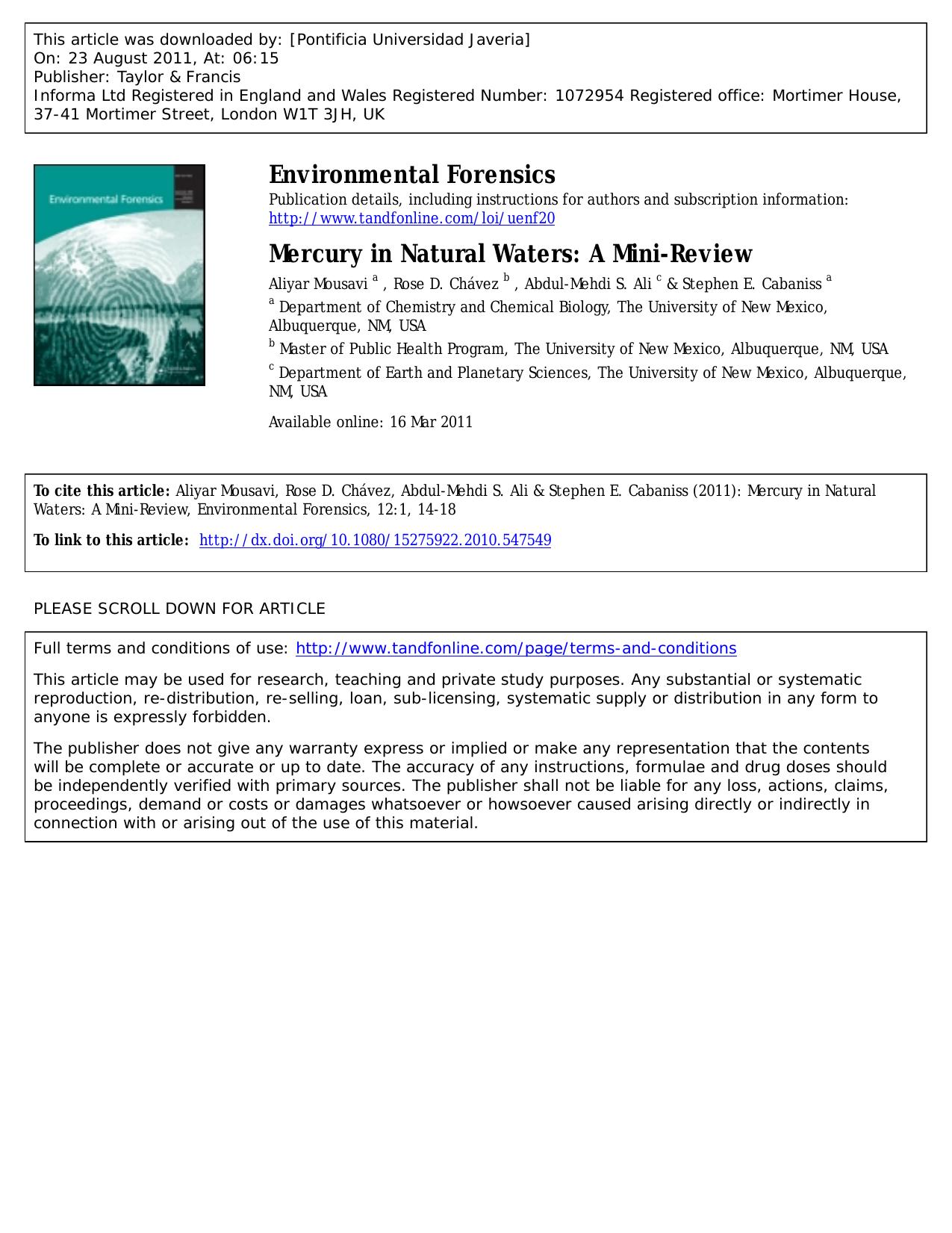 Mercury in Natural Waters: A Mini-Review by Aliyar Mousavi a Rose D. Chávez b Abdul-Mehdi S. Ali c & Stephen E. Cabaniss a
