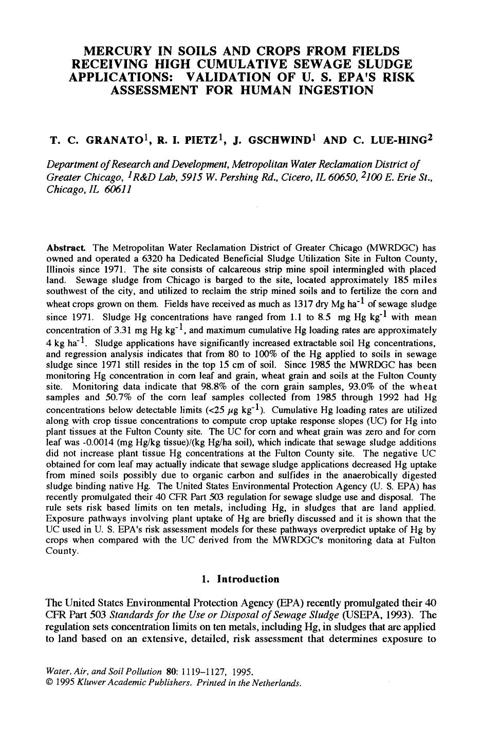 Mercury in soils and crops from fields receiving high cumulative sewage sludge applications: Validation of U. S. EPA's risk assessment for human ingestion by Unknown