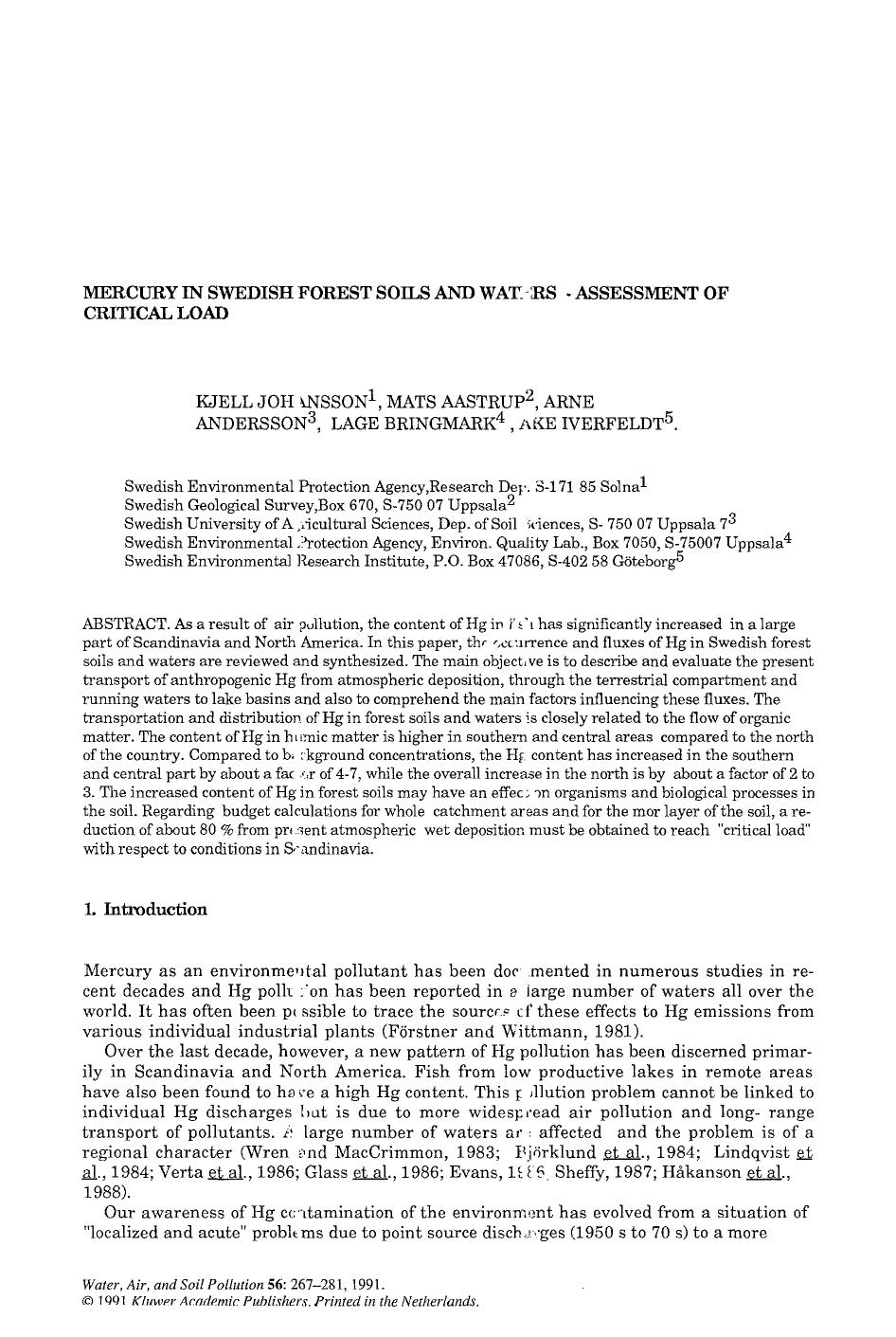 Mercury in swedish forest soils and waters — Assessment of critical load by Unknown