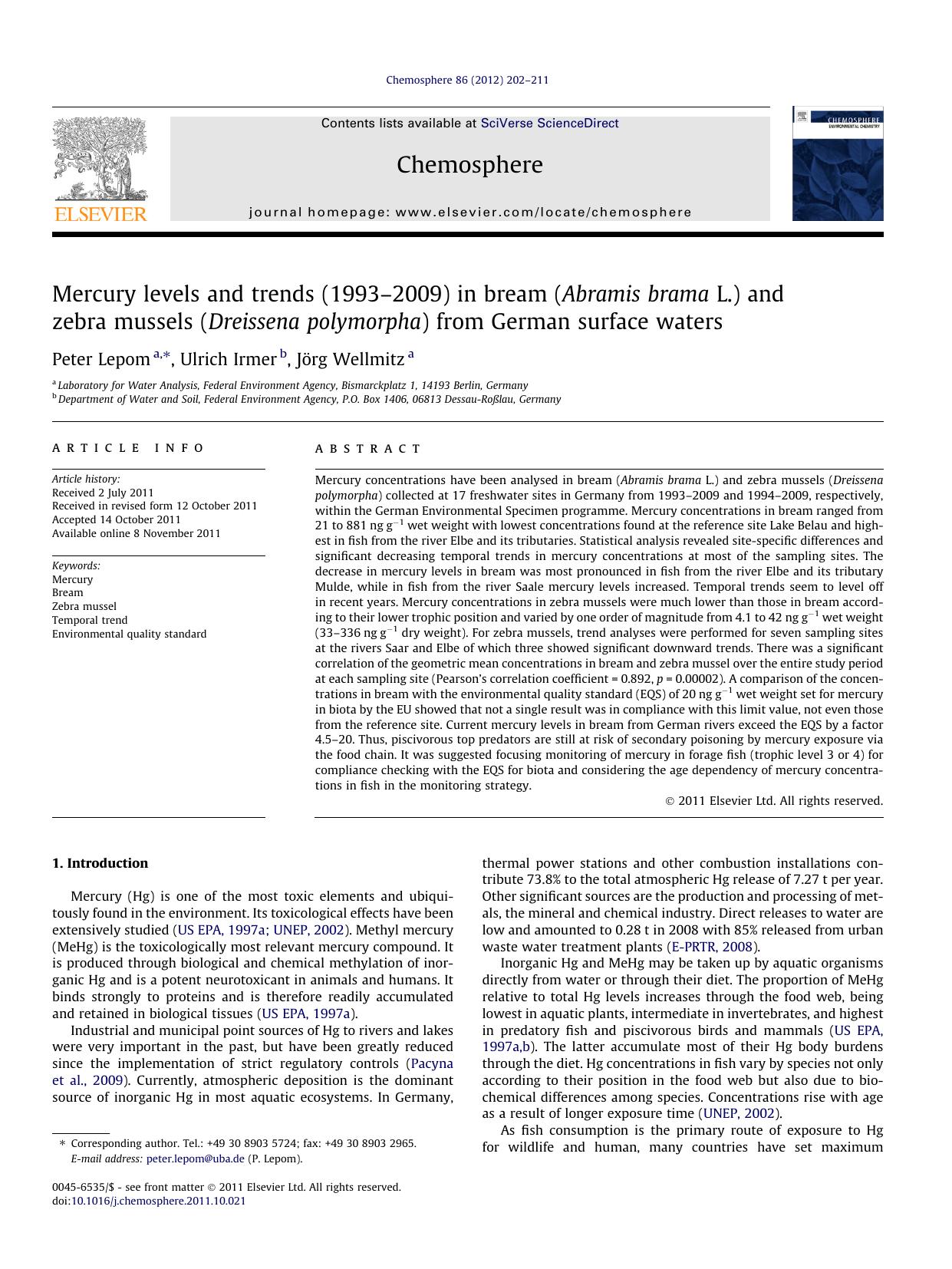 Mercury levels and trends (1993Ã¢â¬â2009) in bream (Abramis brama L.) and zebra mussels (Dreissena polymorpha) from German surface waters by Peter Lepom & Ulrich Irmer & Jörg Wellmitz