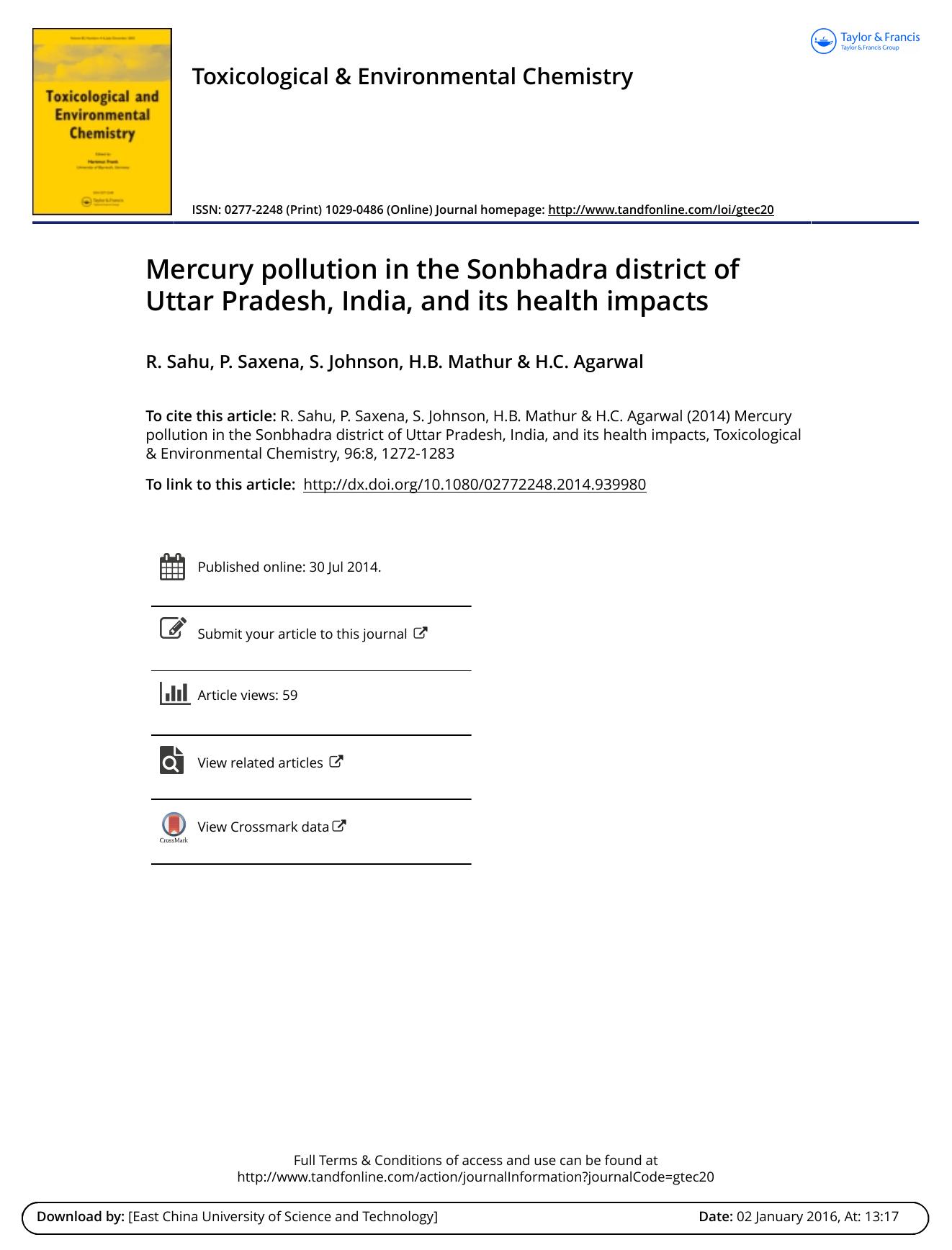 Mercury pollution in the Sonbhadra district of Uttar Pradesh, India, and its health impacts by R. Sahu