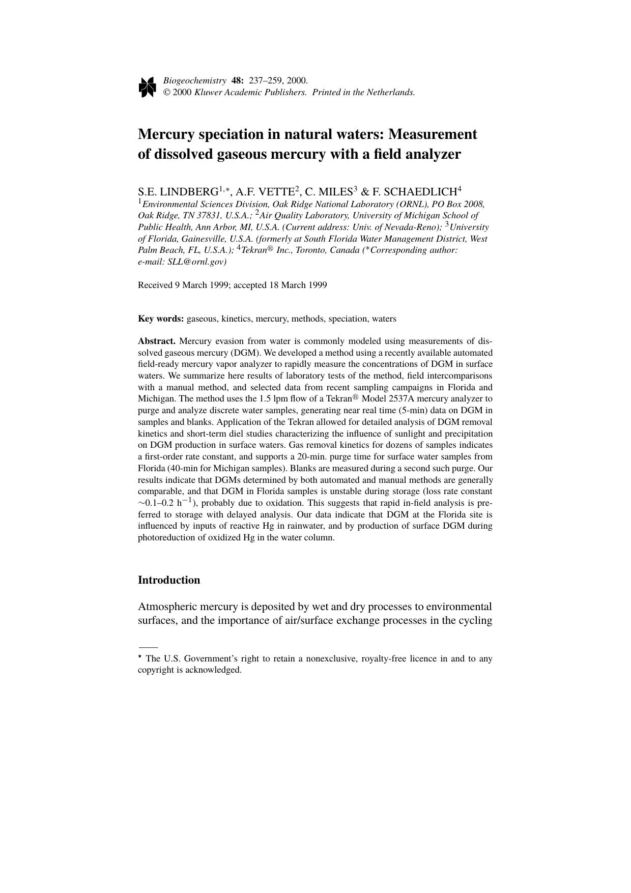Mercury speciation in natural waters: Measurement of dissolved gaseous mercury with a field analyzer by Unknown