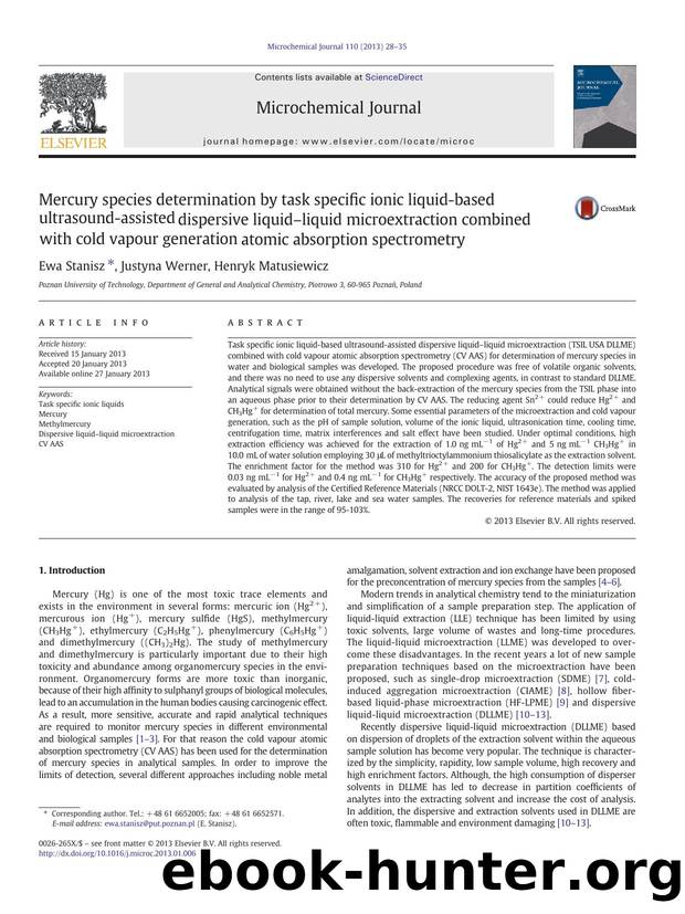 Mercury species determination by task specific ionic liquid-based ultrasound-assisted dispersive liquidâliquid microextraction combined with cold vapour generation atomic absorption spectrometry by Ewa Stanisz & Justyna Werner & Henryk Matusiewicz