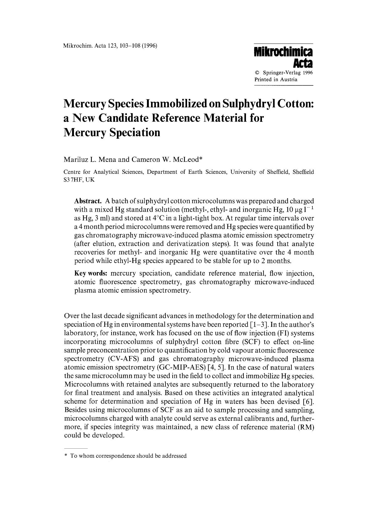 Mercury species immobilized on sulphydryl cotton: A new candidate reference material for mercury speciation by Unknown