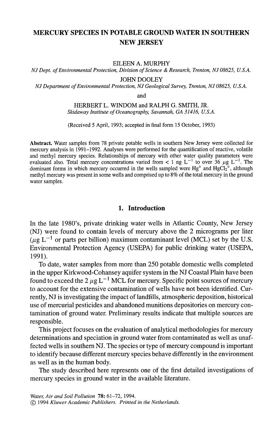 Mercury species in potable ground water in southern New Jersey by Unknown