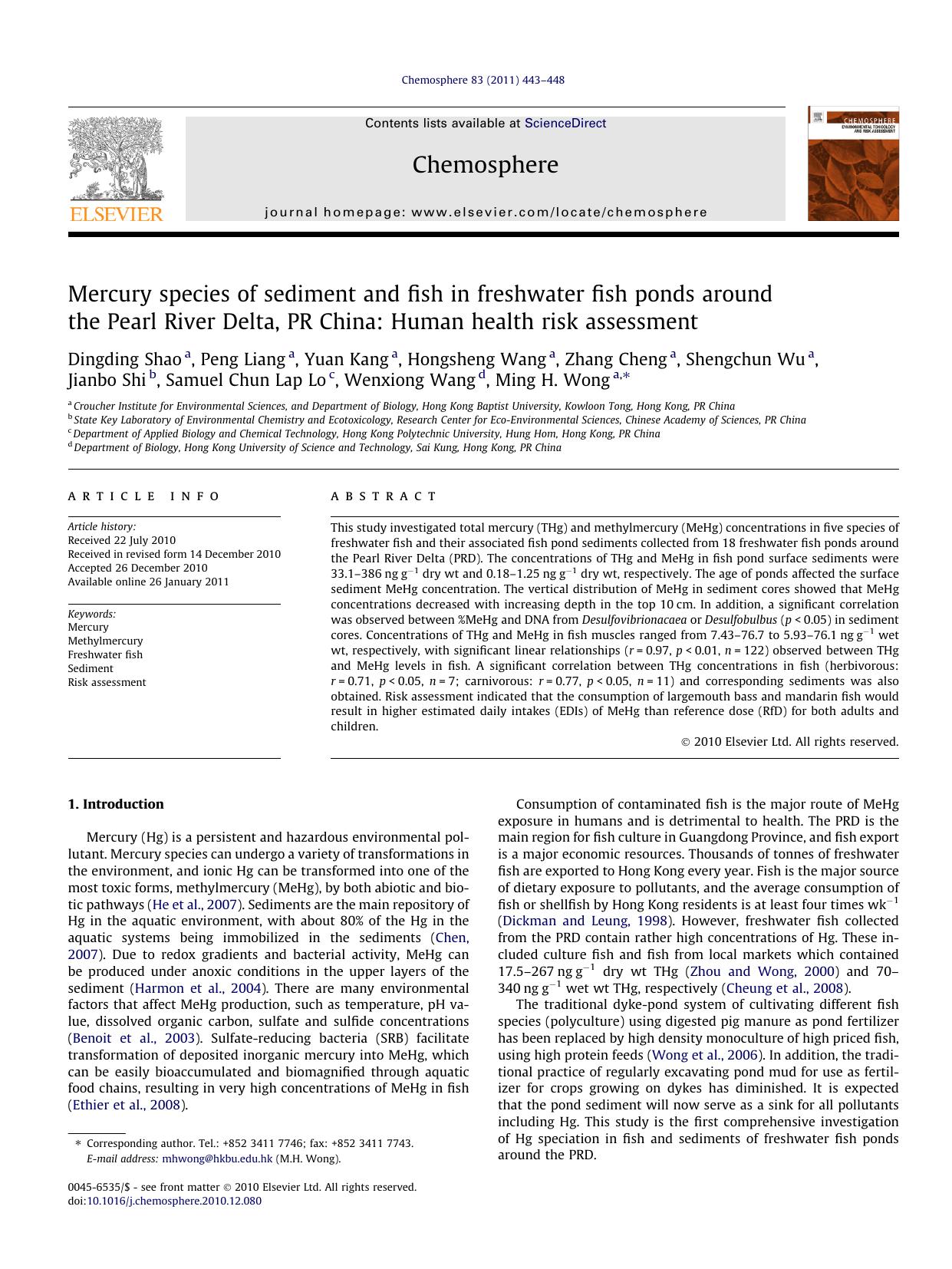 Mercury species of sediment and fish in freshwater fish ponds around the Pearl River Delta, PR China: Human health risk assessment by unknow