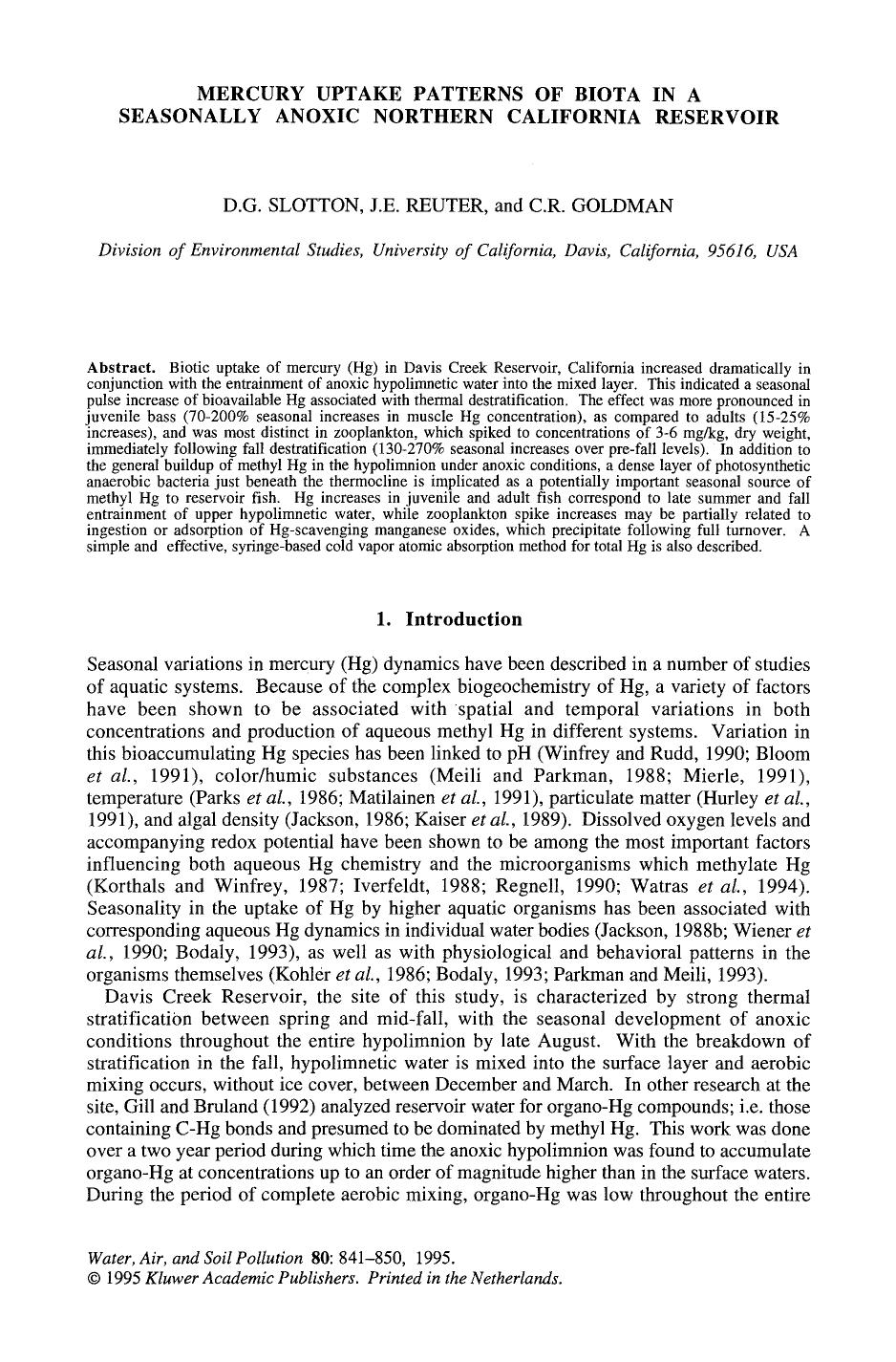 Mercury uptake patterns of biota in a seasonally anoxic northern California Reservoir by Unknown