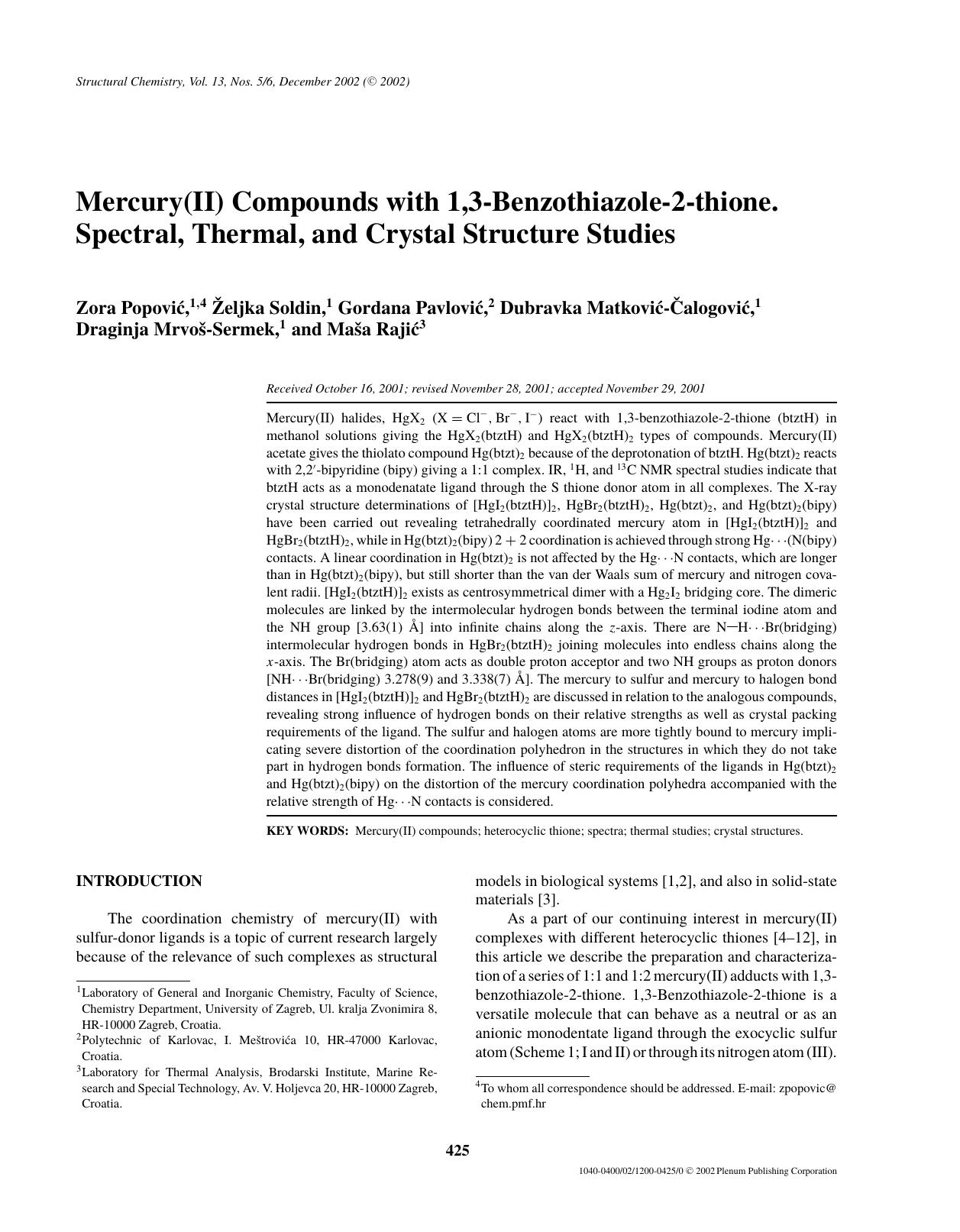 Mercury(II) Compounds with 1,3-Benzothiazole-2-thione. Spectral, Thermal, and Crystal Structure Studies by Unknown