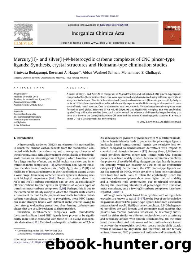 Mercury(II)- and silver(I)-N-heterocyclic carbene complexes of CNC pincer-type ligands: Synthesis, crystal structures and Hofmann-type elimination studies by Srinivasa Budagumpi & Rosenani A. Haque & Abbas Washeel Salman & Mohammed Z. Ghdhayeb