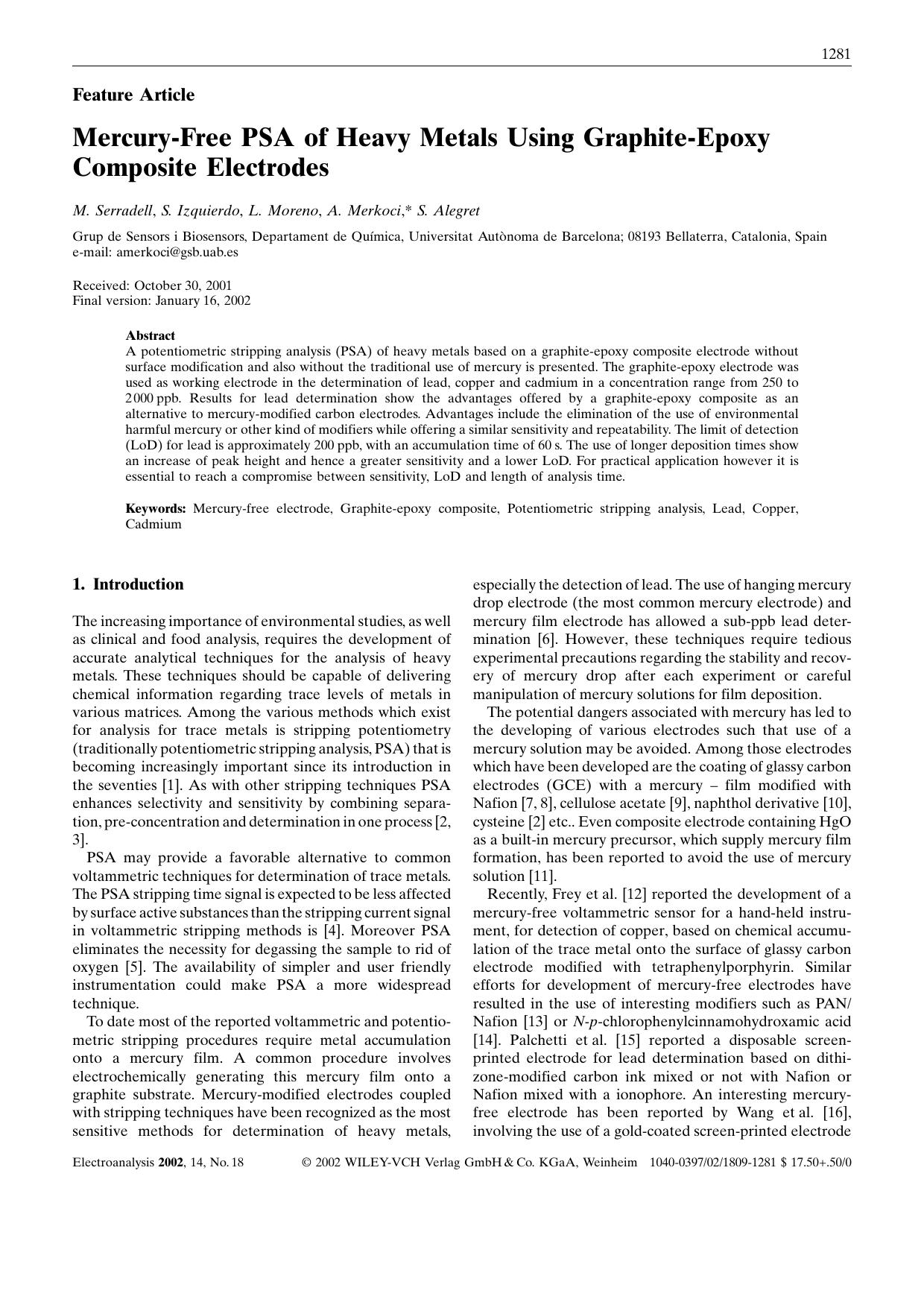 Mercury-Free PSA of Heavy Metals Using Graphite-Epoxy Composite Electrodes by Unknown