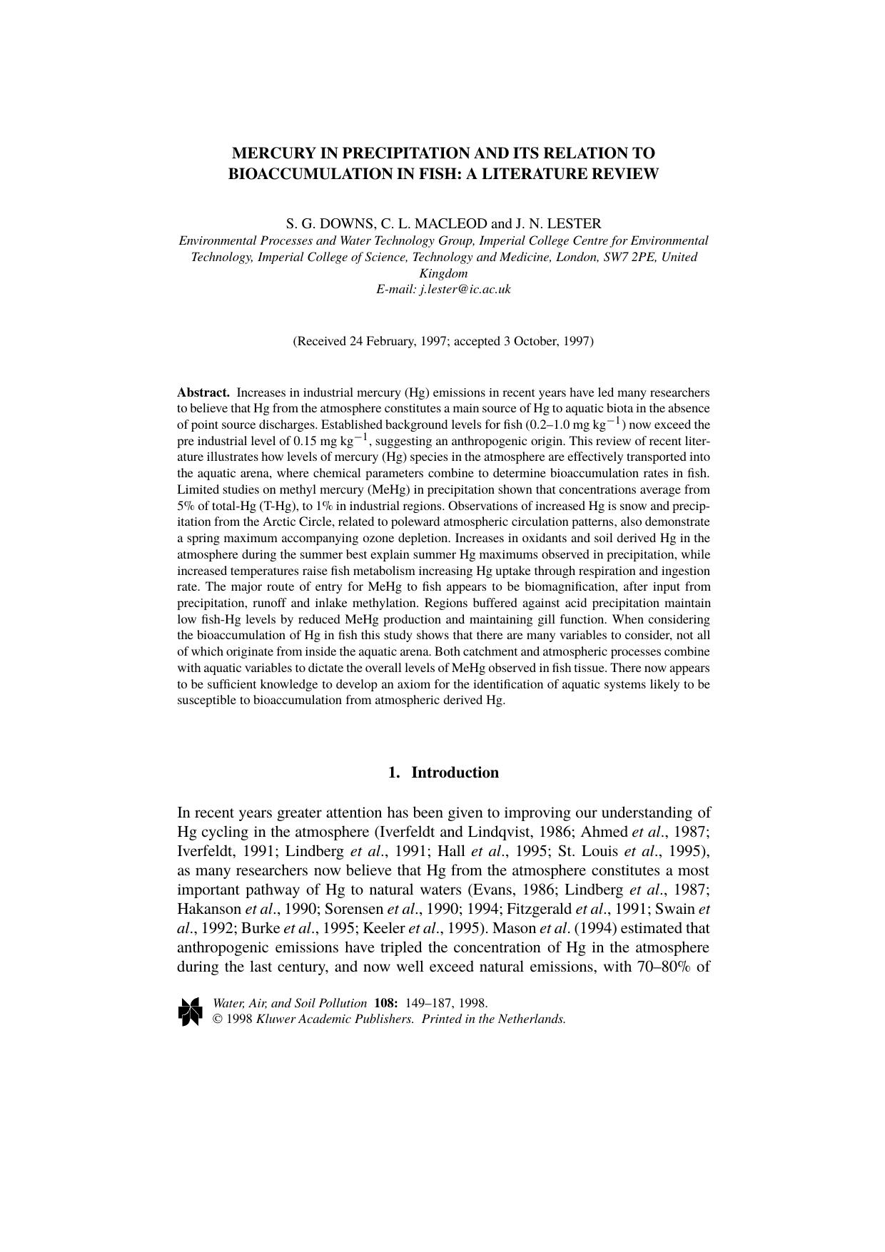 Mercuty in Precipitation and Its Relation to Bioaccumulation in Fish: A Literature Review by Unknown