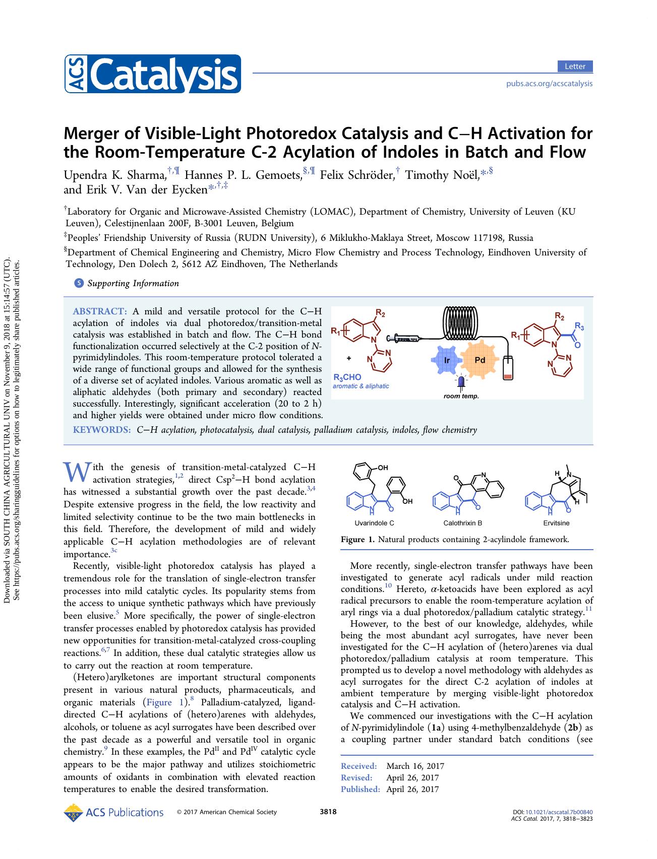Merger of Visible-Light Photoredox Catalysis and CâH Activation for the Room-Temperature C-2 Acylation of Indoles in Batch and Flow by Upendra K. Sharma Hannes P. L. Gemoets Felix Schröder Timothy Noël & Erik V. Van der Eycken
