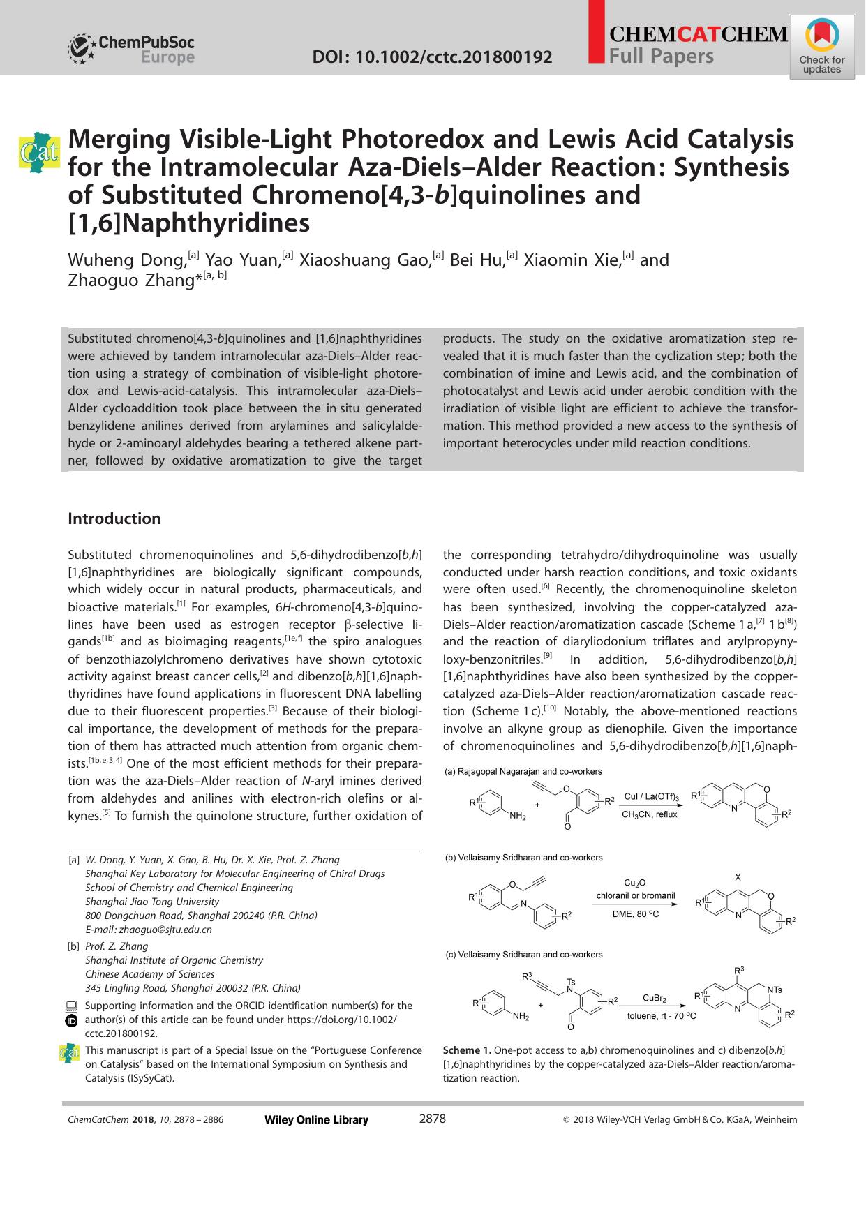 Merging VisibleâLight Photoredox and Lewis Acid Catalysis for the Intramolecular AzaâDielsâAlder Reaction: Synthesis of Substituted Chromeno[4,3âb]quinolines and [1,6]Naphthyridines by Unknown