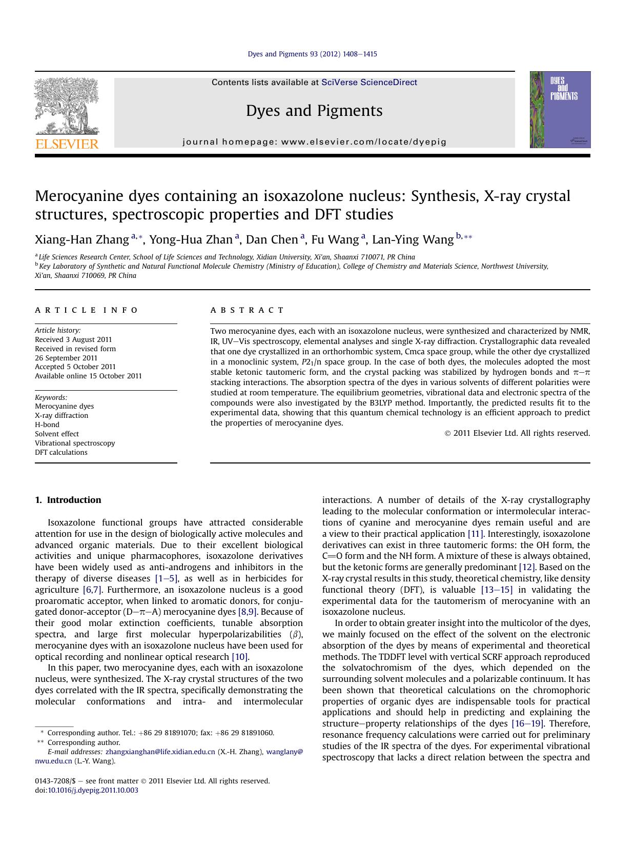Merocyanine dyes containing an isoxazolone nucleus: Synthesis, X-ray crystal structures, spectroscopic properties and DFT studies by Xiang-Han Zhang & Yong-Hua Zhan & Dan Chen & Fu Wang & Lan-Ying Wang