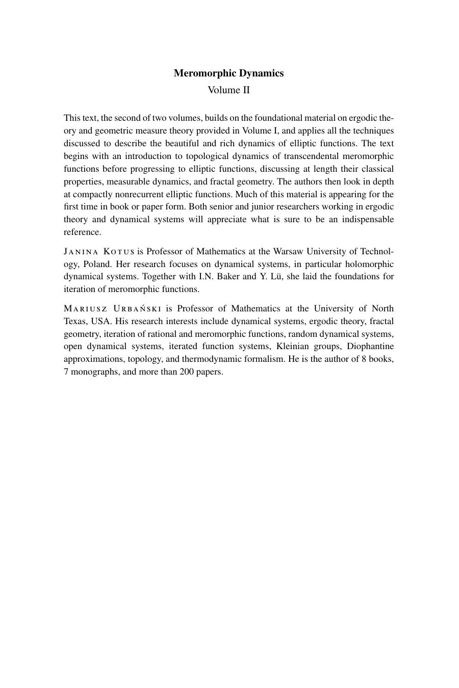 Meromorphic Dynamics: Volume 2 : Elliptic Functions with an Introduction to the Dynamics of Meromorphic Functions by Janina Kotus; Mariusz Urbański