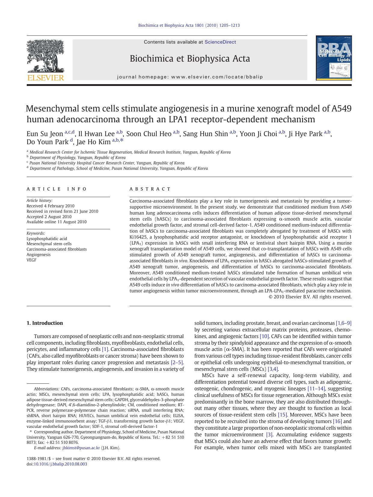 Mesenchymal stem cells stimulate angiogenesis in a murine xenograft model of A549 human adenocarcinoma through an LPA1 receptor-dependent mechanism by Eun Su Jeon