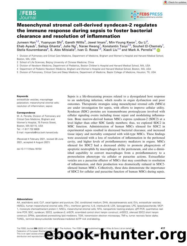 Mesenchymal stromal cellâderived syndecanâ2 regulates the immune response during sepsis to foster bacterial clearance and resolution of inflammation by Unknown