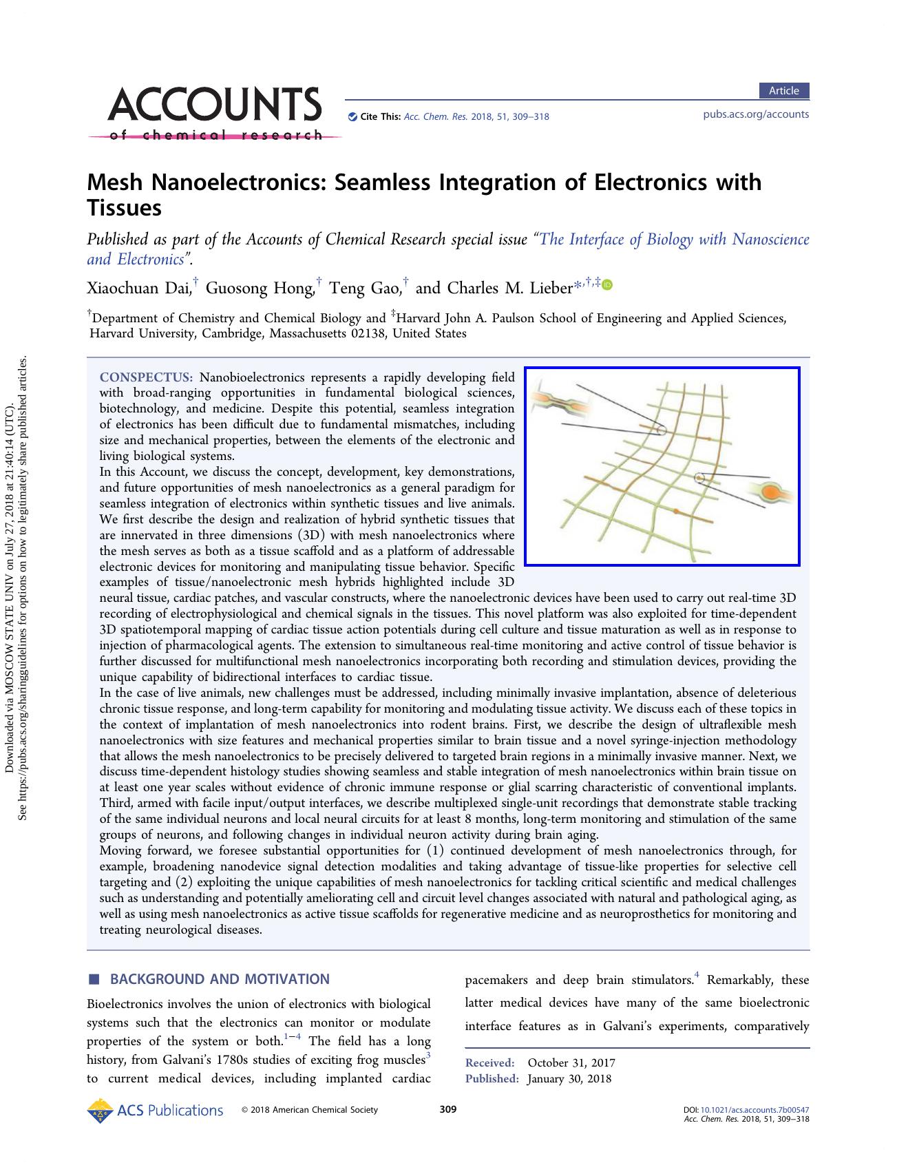 Mesh Nanoelectronics: Seamless Integration of Electronics with Tissues by Xiaochuan Dai Guosong Hong Teng Gao & Charles M. Lieber