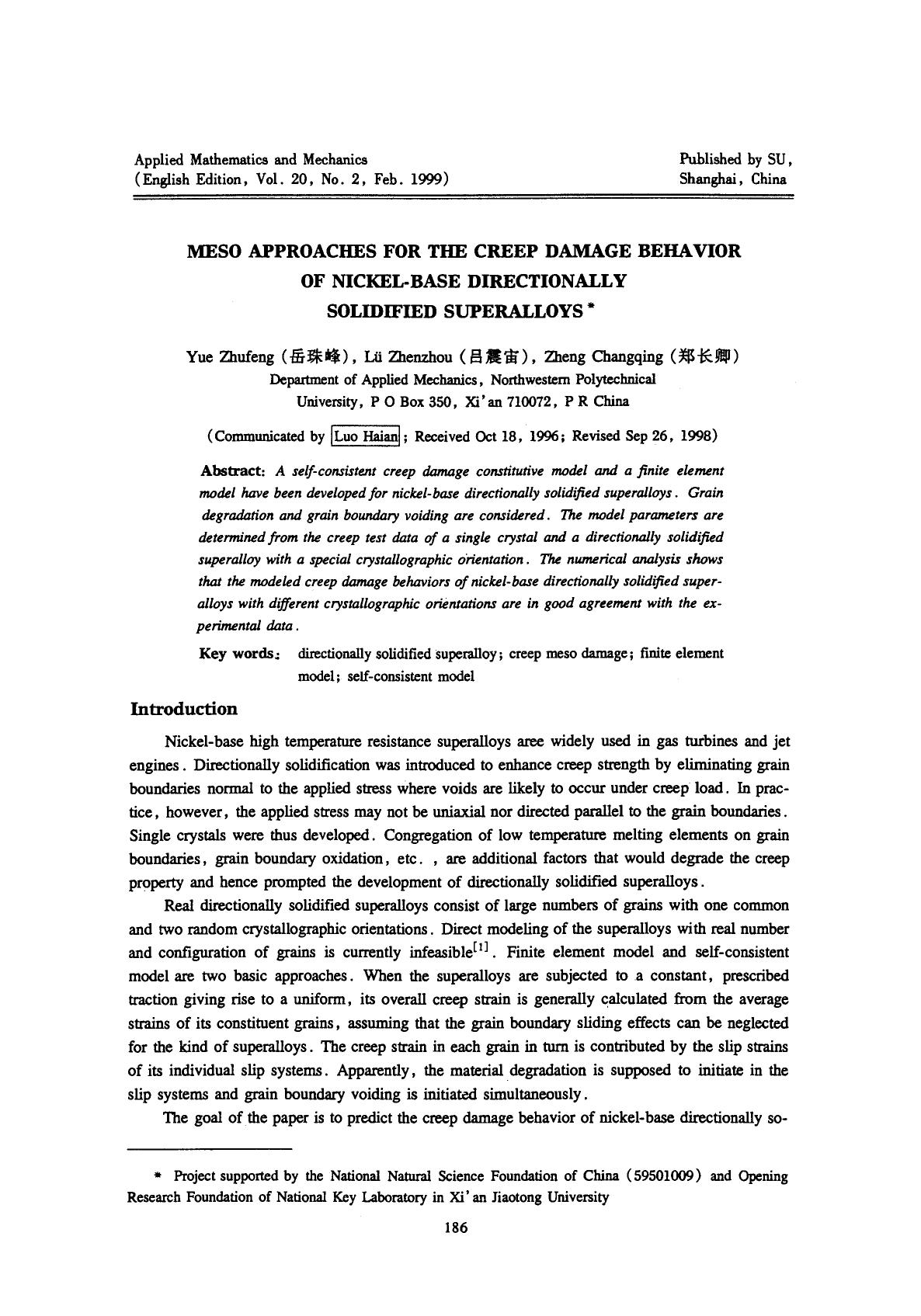 Meso approaches for the creep damage behavior of nickel-base directionally solidified superalloys by Unknown
