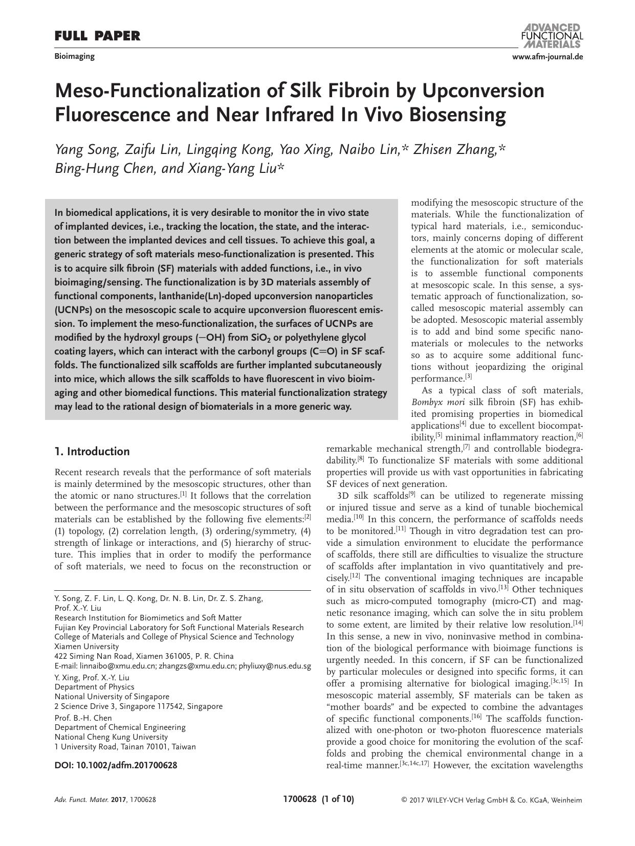 Meso‐Functionalization of Silk Fibroin by Upconversion Fluorescence and Near Infrared In Vivo Biosensing by Unknown