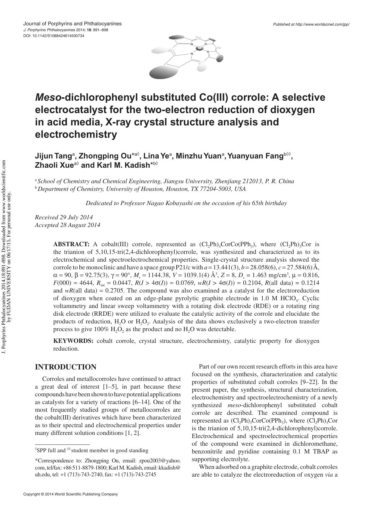 Meso-dichlorophenyl substituted Co(III) corrole: A selective electrocatalyst for the two-electron reduction of dioxygen in acid media, X-ray crystal structure analysis and electrochemistry by Jijun Tang Zhongping Ou Lina Ye Minzhu Yuan Yuanyuan Fang Zhaoli Xue & Karl M. Kadish