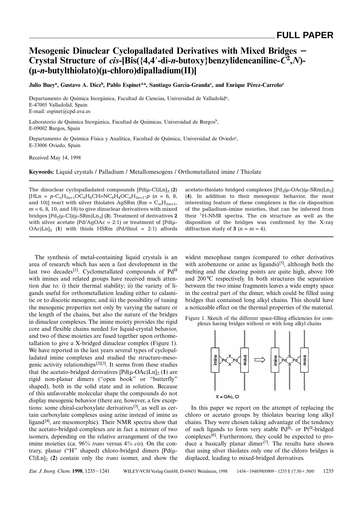 Mesogenic Dinuclear Cyclopalladated Derivatives with Mixed Bridges - Crystal Structure of cis-[Bis([lcub]4,4[prime]-di-n-butoxy[rcub]benzylideneaniline-C2,N)([mgr]-n-butylthiolato) by Unknown