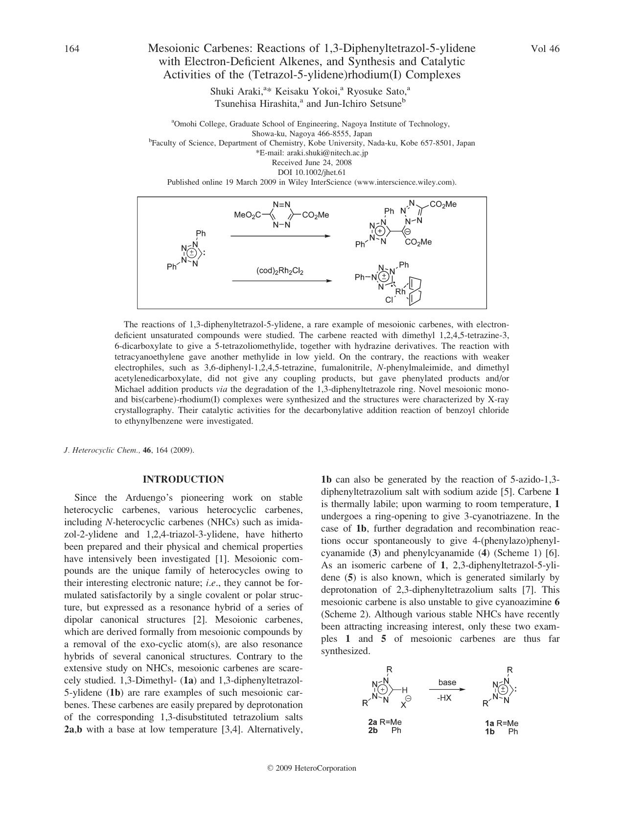 Mesoionic carbenes: Reactions of 1,3-diphenyltetrazol-5-ylidene with electron-deficient alkenes, and synthesis and catalytic activities of the (tetrazol-5-ylidene)rhodium(I) complexes by Unknown