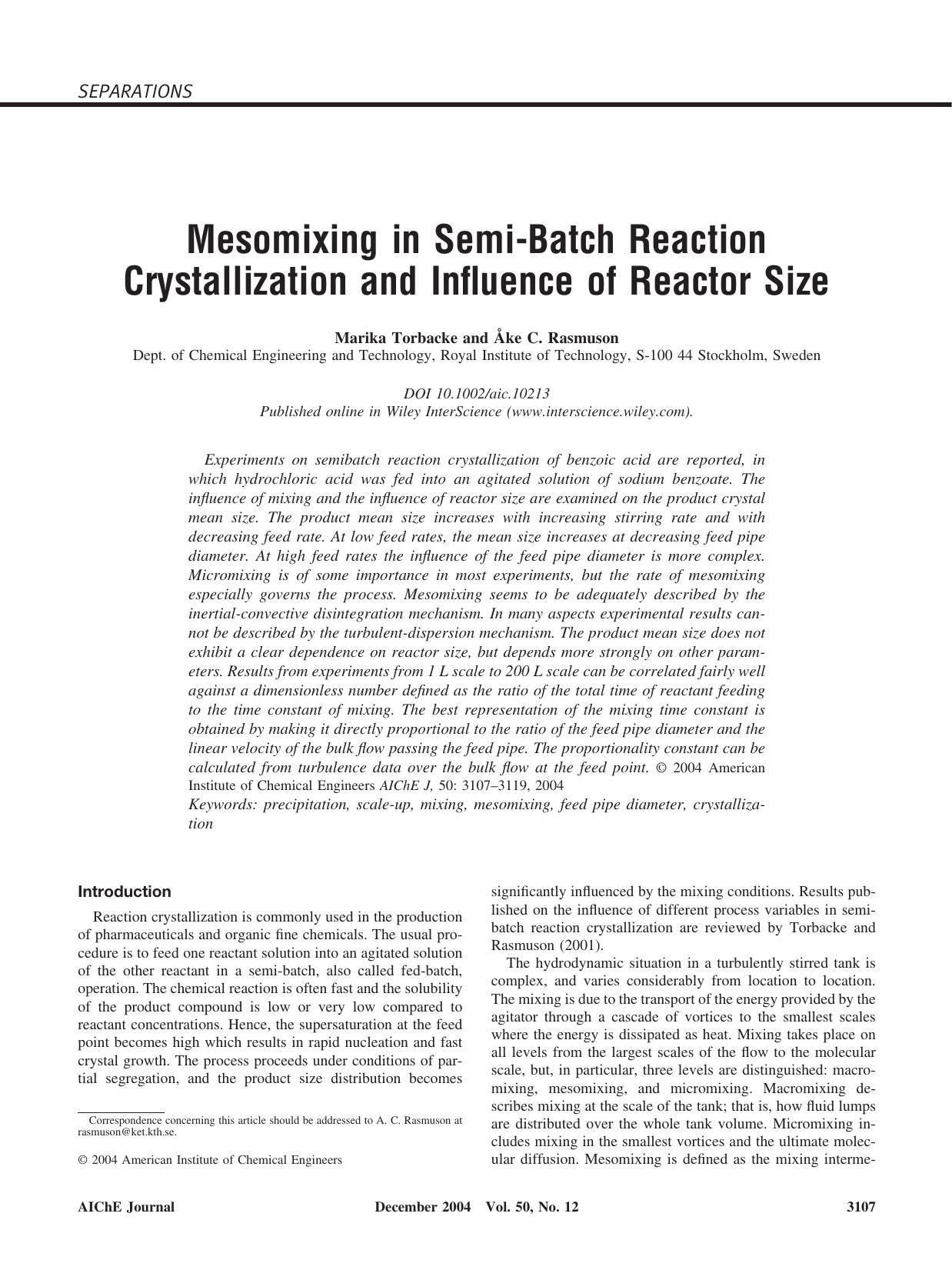 Mesomixing in semi-batch reaction crystallization and influence of reactor size by Unknown