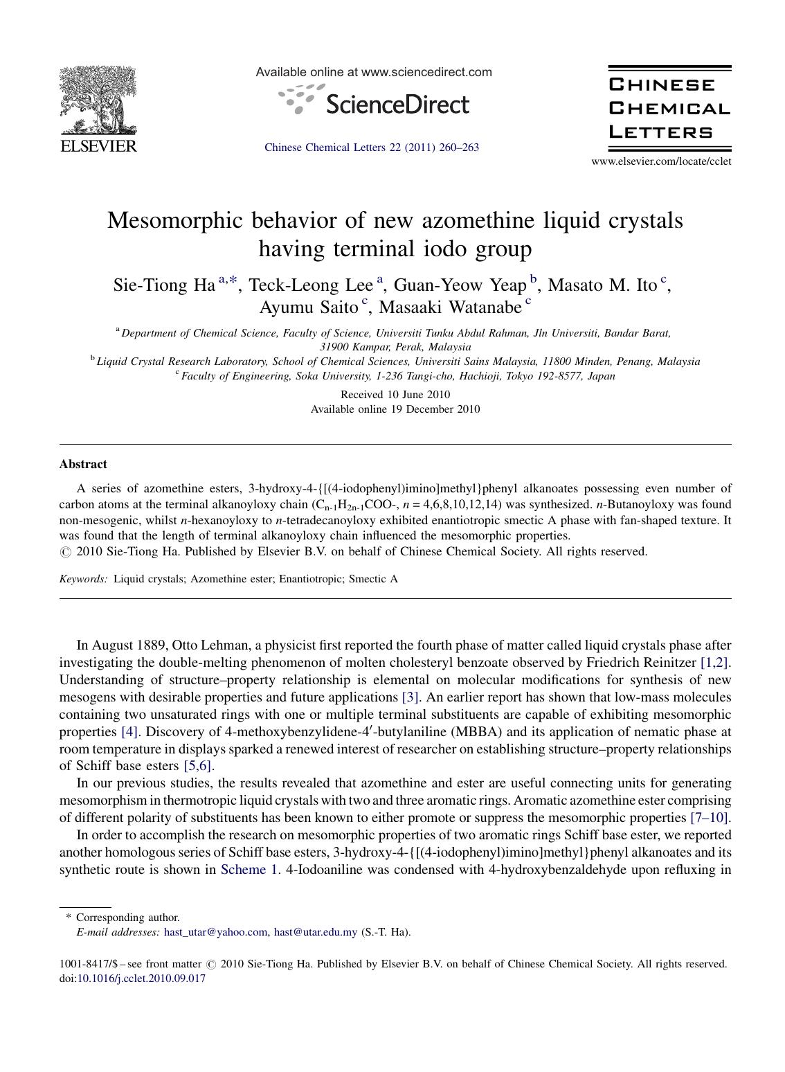 Mesomorphic behavior of new azomethine liquid crystals having terminal iodo group by Sie-Tiong Ha