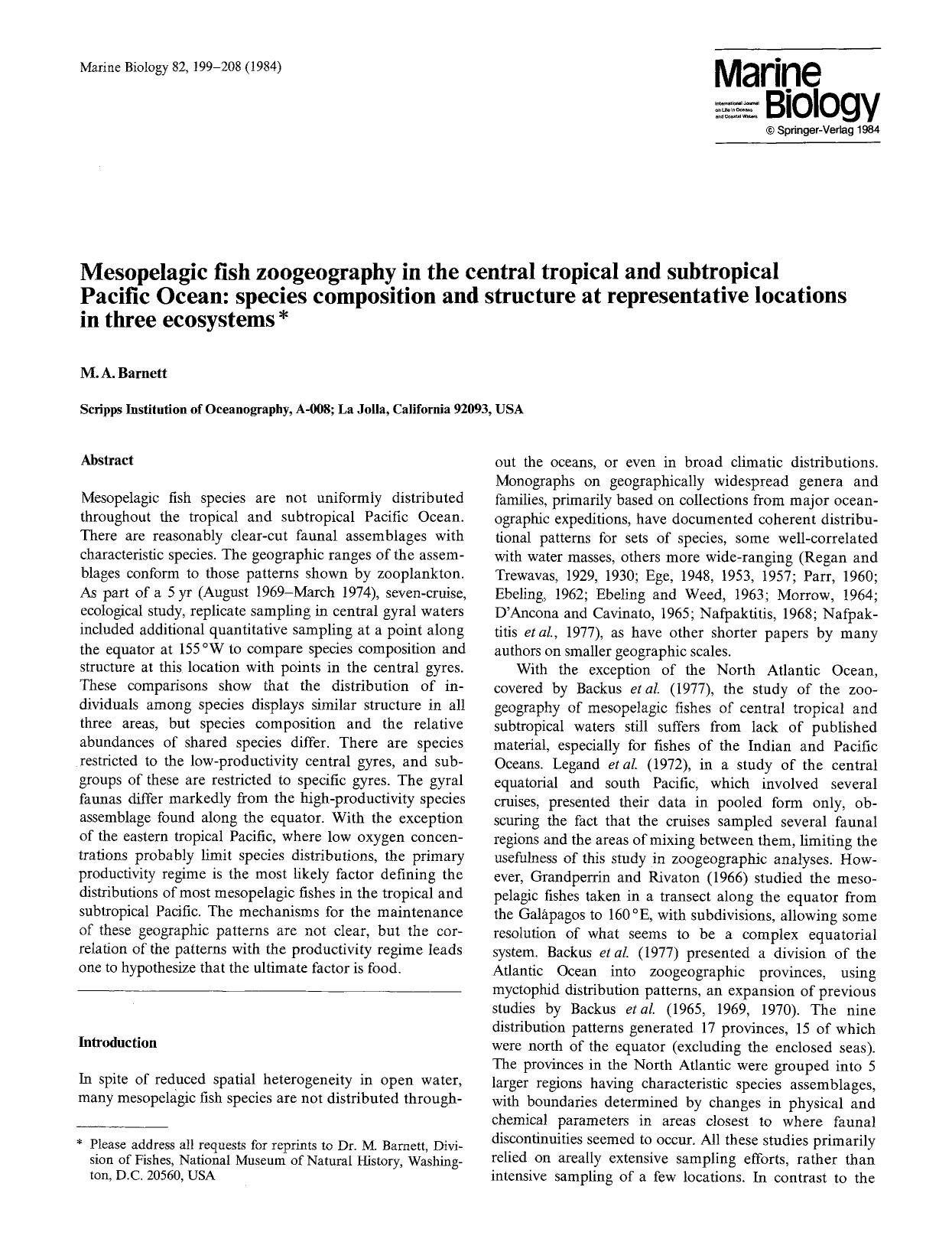 Mesopelagic fish zoogeography in the central tropical and subtropical Pacific Ocean: species composition and structure at representative locations in three ecosystems by Unknown