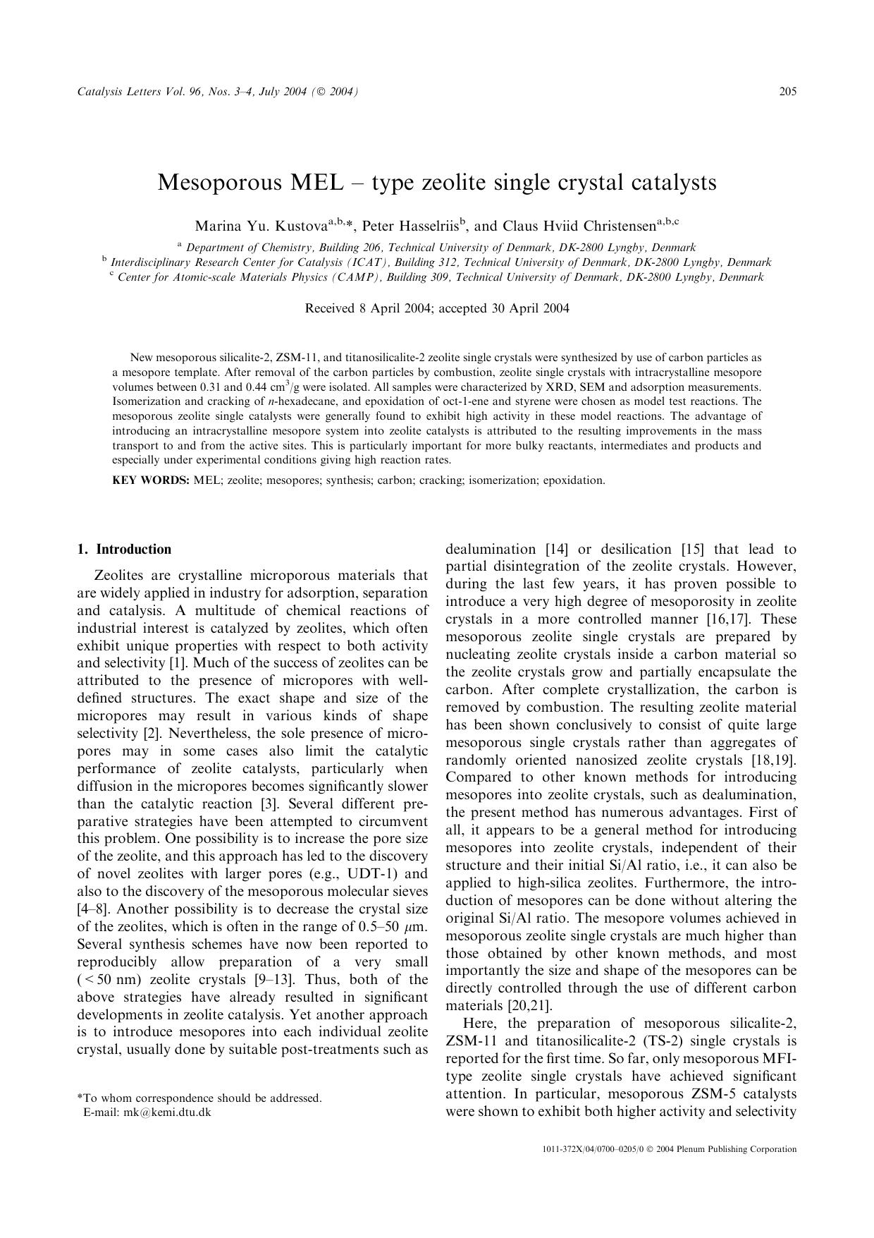 Mesoporous MEL – Type Zeolite Single Crystal Catalysts by Unknown
