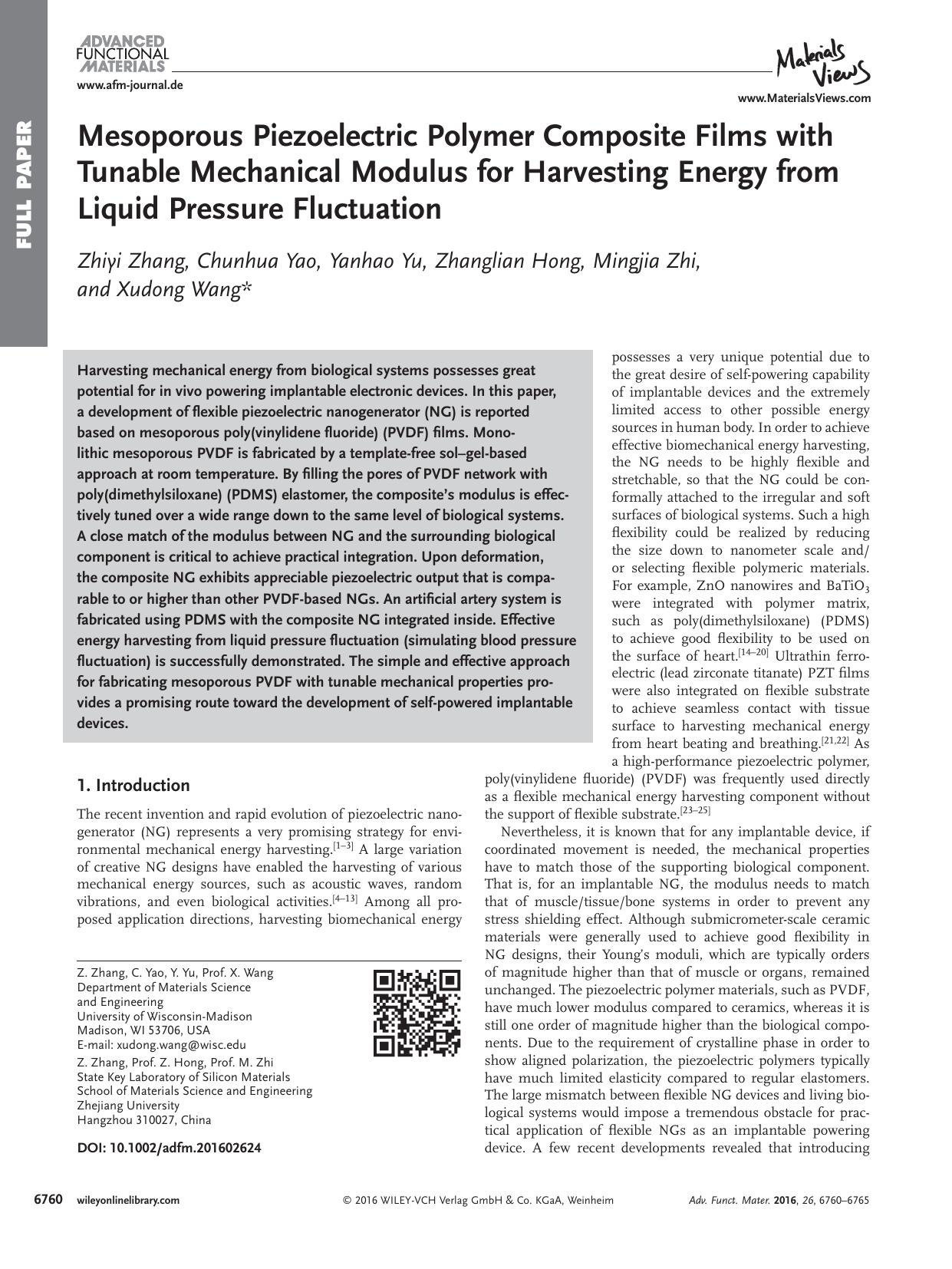 Mesoporous Piezoelectric Polymer Composite Films with Tunable Mechanical Modulus for Harvesting Energy from Liquid Pressure Fluctuation by Unknown