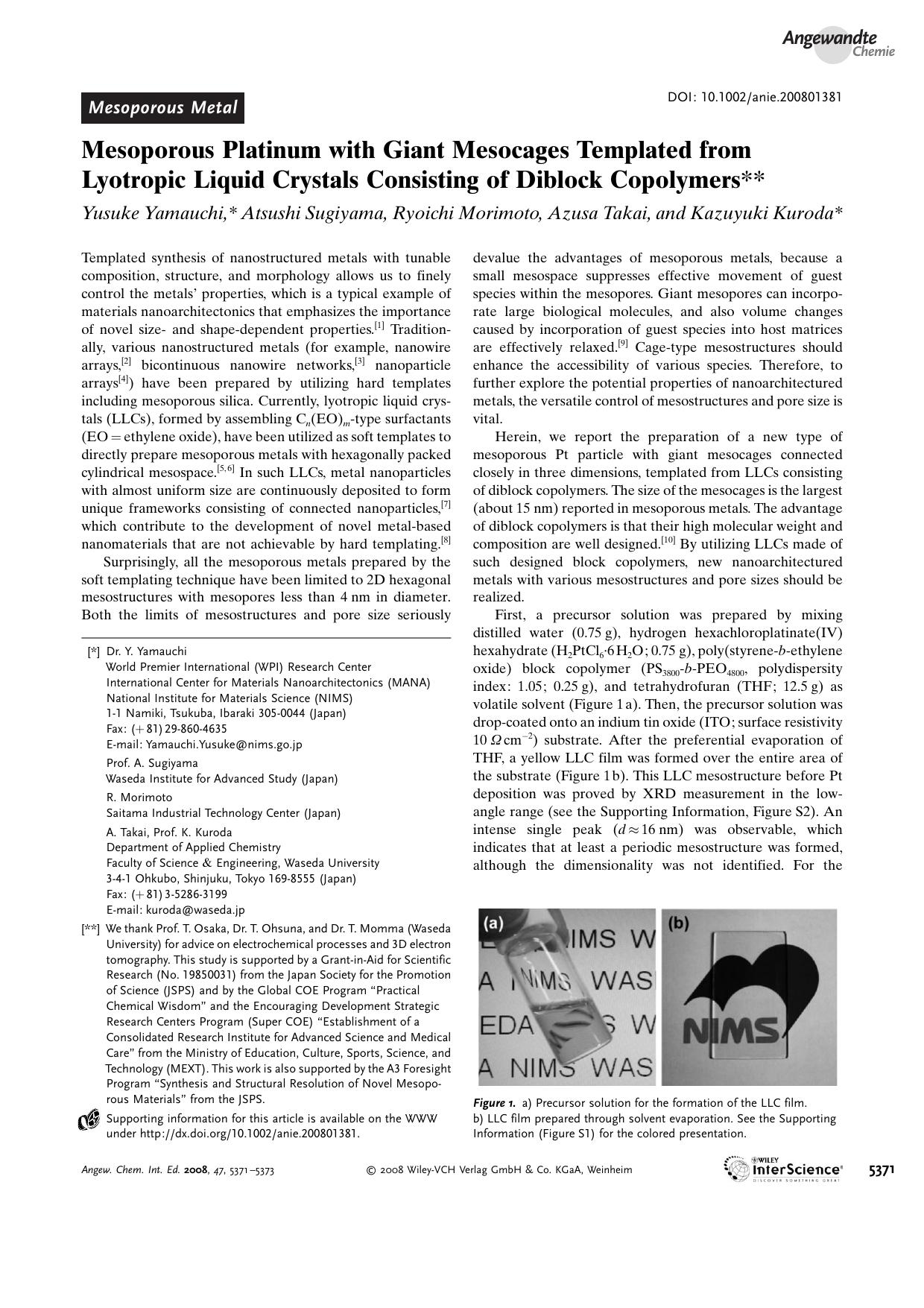 Mesoporous Platinum with Giant Mesocages Templated from Lyotropic Liquid Crystals Consisting of Diblock Copolymers by Unknown