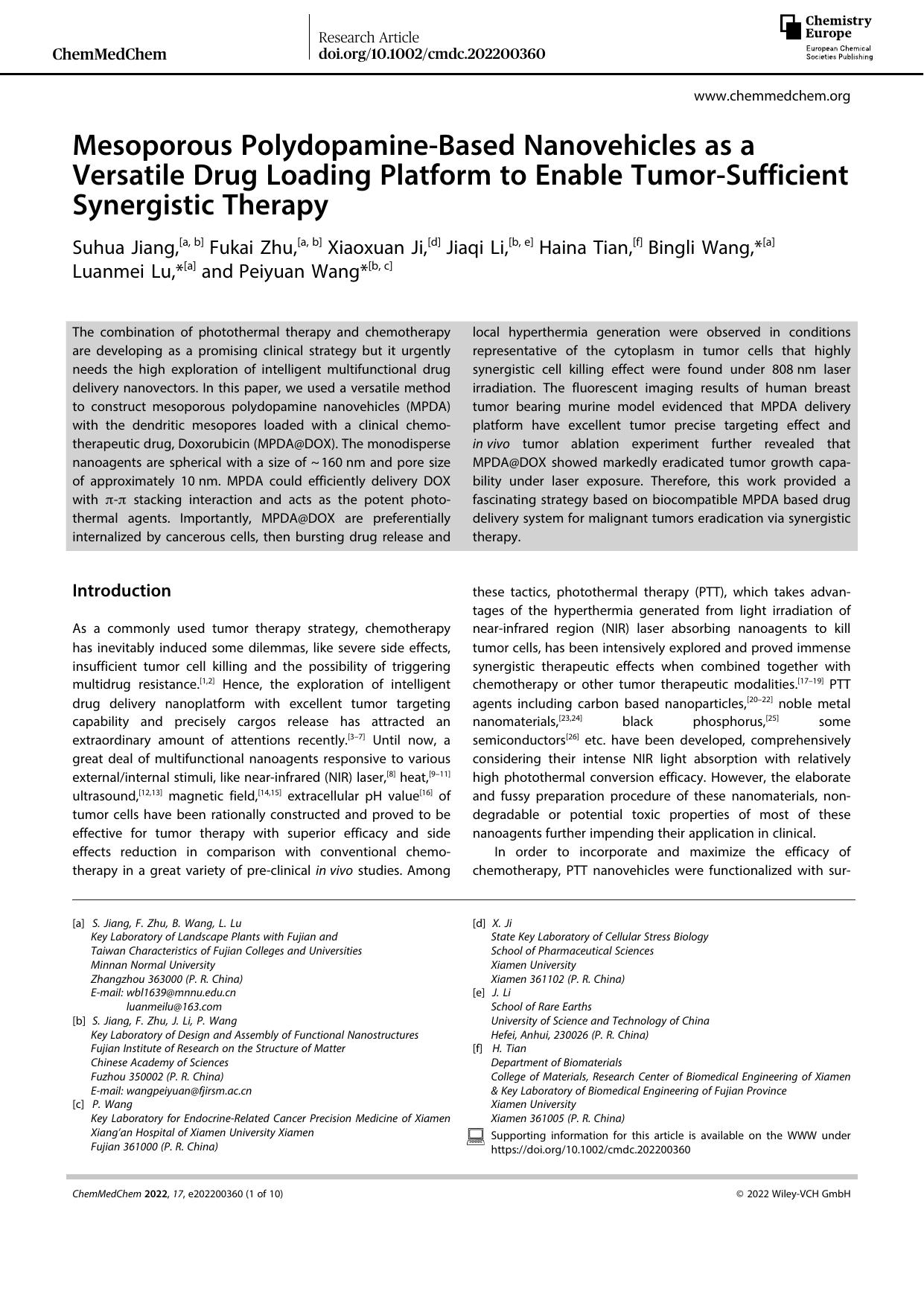 Mesoporous PolydopamineâBased Nanovehicles as a Versatile Drug Loading Platform to Enable TumorâSufficient Synergistic Therapy by Unknown